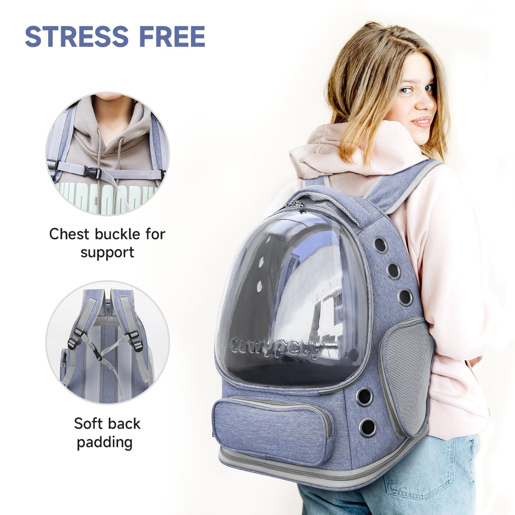 Cawypety Cat Backpack Carrier, Breathable Cat Carrier Large Space Bubble Pet Backpack for Kitty Small Dog up to 12lbs, Transparent & Foldable Pet Carrier for Travel Hiking (Black