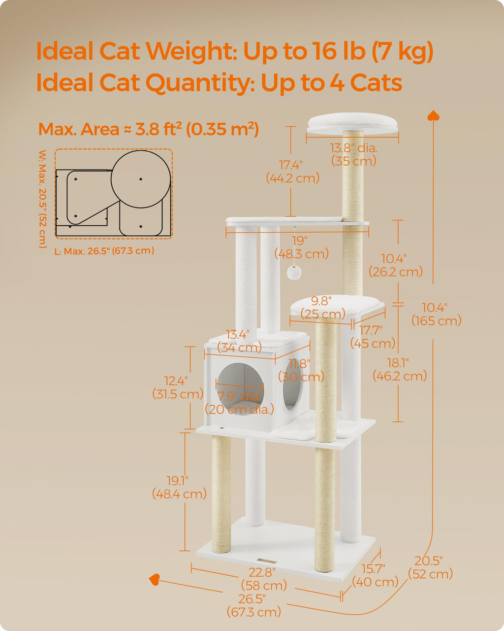 Feandrea Cat Tree, 65-Inch Modern Cat Tower for Indoor Cats, Multi-Level Cat Condo with 5 Scratching Posts, Perch, Washable Removable Cushions, Cat Furniture, Cloud White UPCT166W01