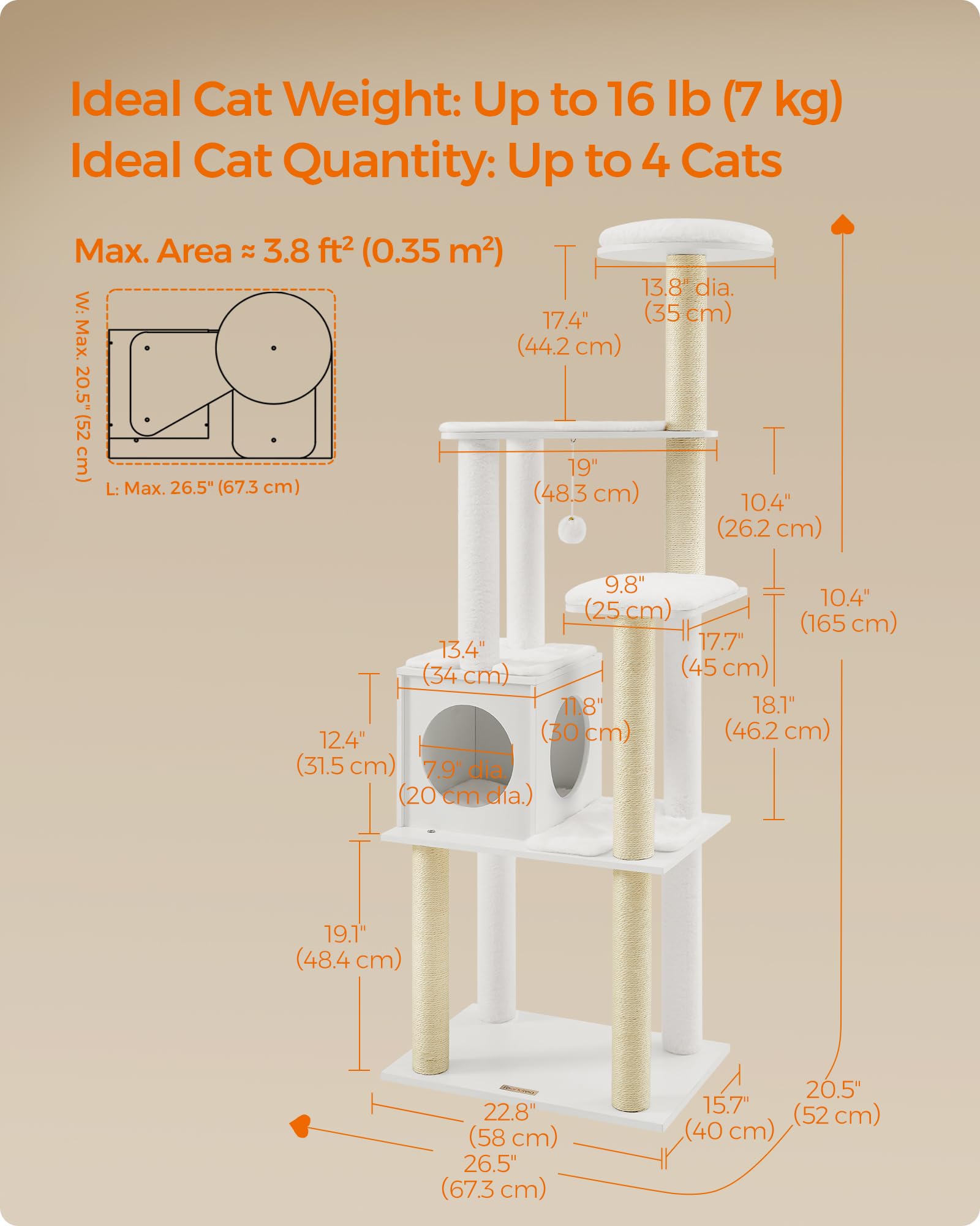 Feandrea Cat Tree, 65-Inch Modern Cat Tower for Indoor Cats, Multi-Level Cat Condo with 5 Scratching Posts, Perch, Washable Removable Cushions, Cat Furniture, Cloud White UPCT166W01
