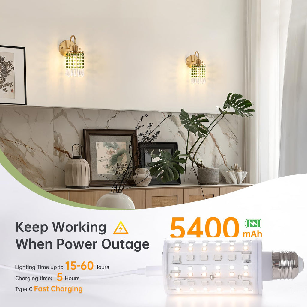 Shenmoyl Set of 2 Crystal Battery Operated Wall Sconce, Rechargeable Battery Powered Wall Lamp with Remote Control, Modern Dimmable Wall Lights for Bedroom Bathroom(Green, Gold Base)