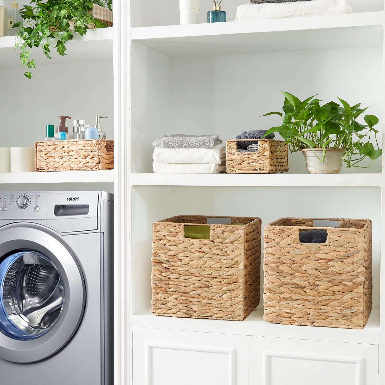 Vagusicc Wicker Storage Basket, Set of 2 Seagrass Storage Baskets, Foldable Wicker Basket 9 Inch Square Cube Storage Bins Storage Baskets for Organizing Shelf Baskets, 9''x9''x9''