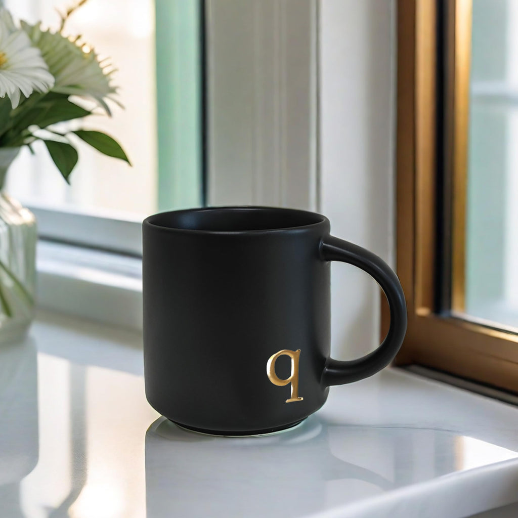 COLLECTIVE HOME - Black Monogram Ceramic Mugs, 15 oz Golden Initial Coffee Cups, Elegant Alphabet Tea Mugs, Personalized Halloween Mug with Gift Box, Perfect for Office and Home Décor (a)
