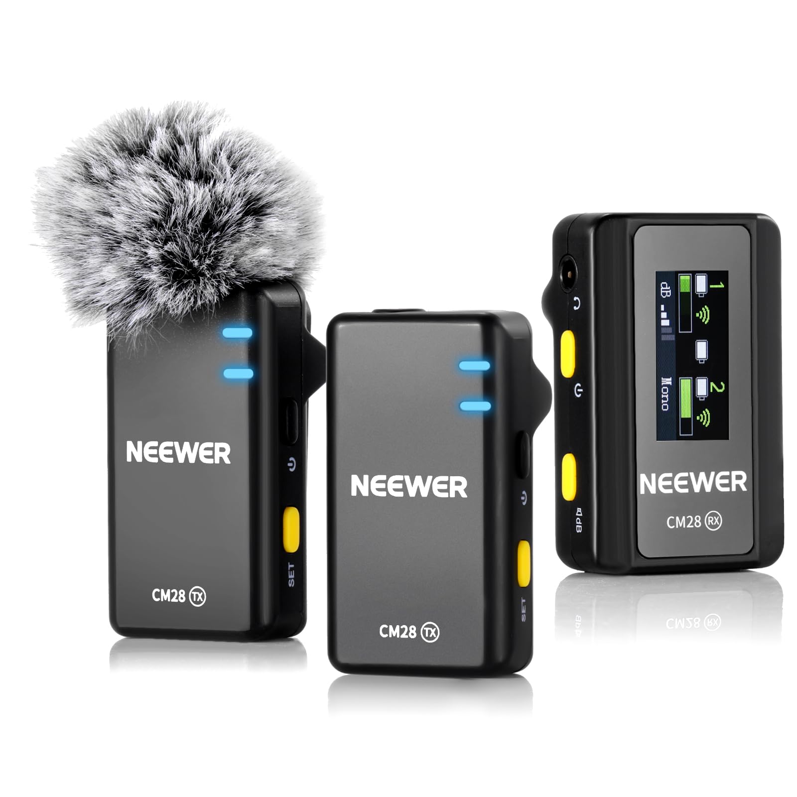 NEEWER CM28 Wireless Lavalier Microphone System, 1 Click Noise Canceling, 4GB Storage for 9Hrs of 48KHz 16 Bit Uncompressed Audio, Lapel Mic Compatible with iPhone/Android/PC/Camera/iPad