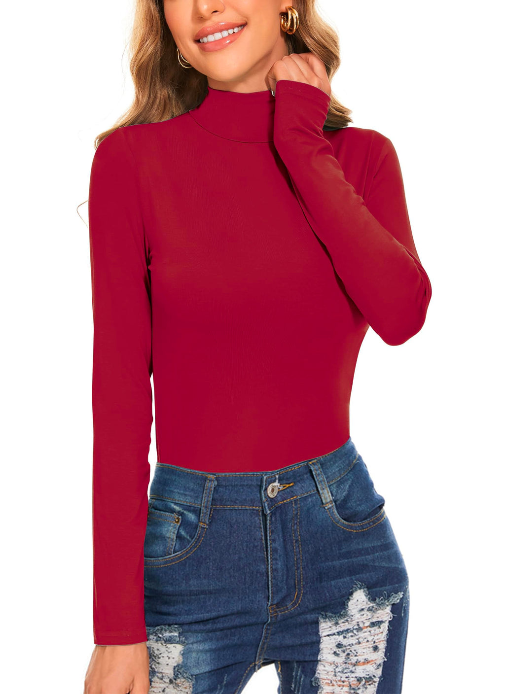 Women's Long Sleeve Mock Turtleneck Tops Casual Slim Fitted Lightweight Under Layer Pullover Shirts