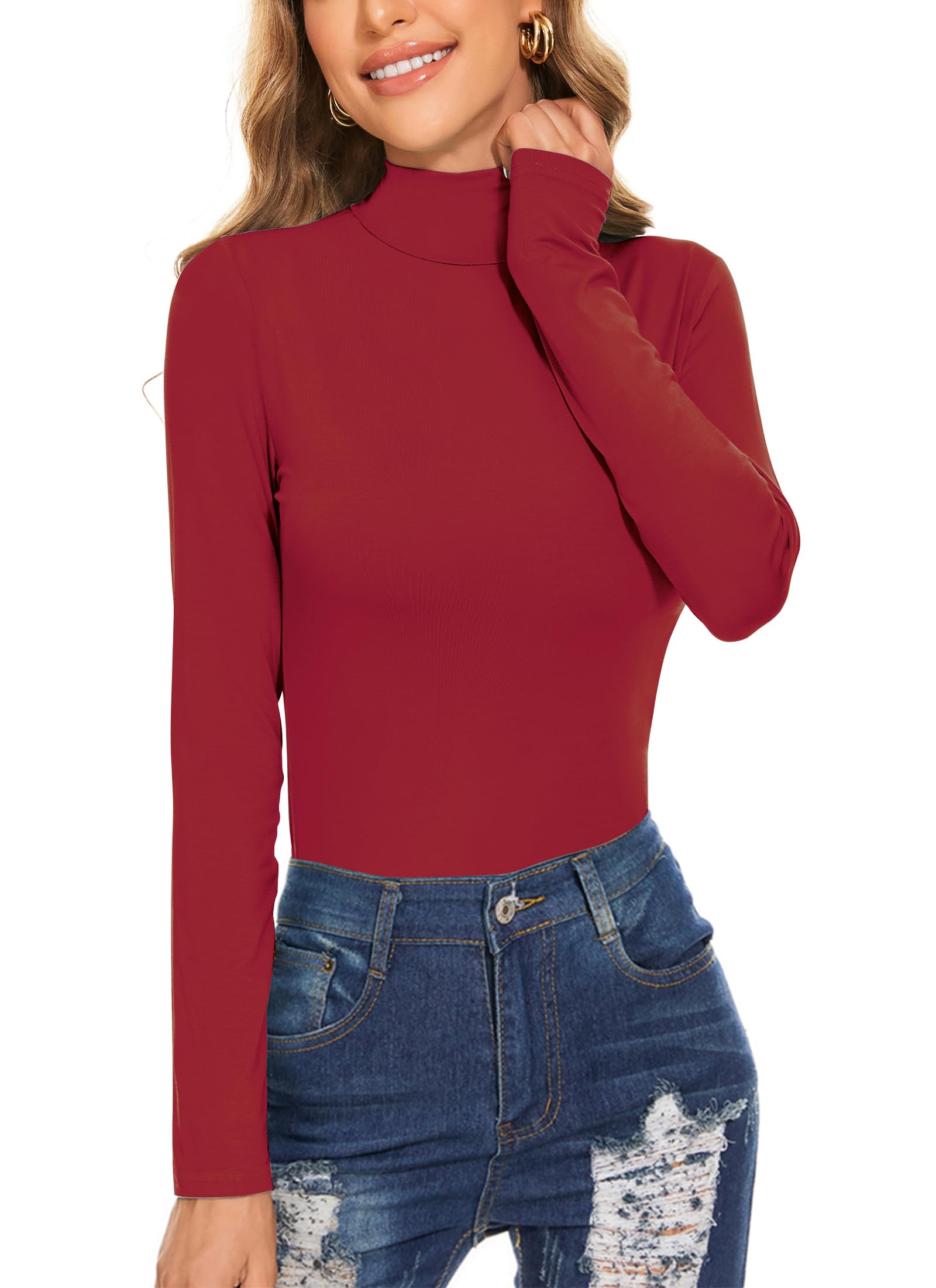 Women's Long Sleeve Mock Turtleneck Tops Casual Slim Fitted Lightweight Under Layer Pullover Shirts