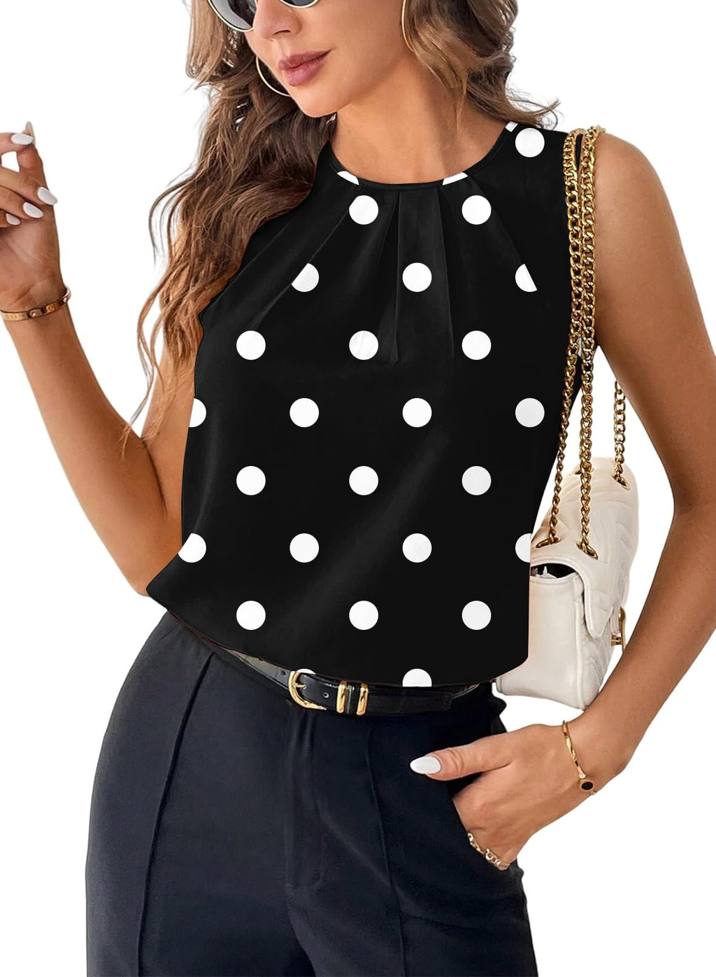 Samefar Womens Summer Tank Tops Pleated Crewneck Casual Loose Chiffon Blouses Sleeveless Tops Business Work Shirts