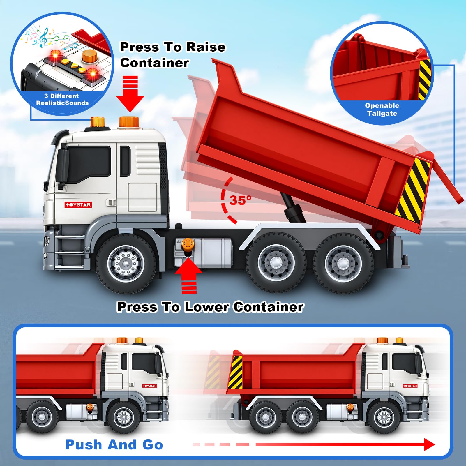 Bstoyder Kids Toys for 3 4 5 6 7 8 Years Old Boys, 15" Crane Truck Toy with Lights, Sounds, Toddler Friction Powered Truck Vehicle Toy for Boys Girls Birthday Gifts