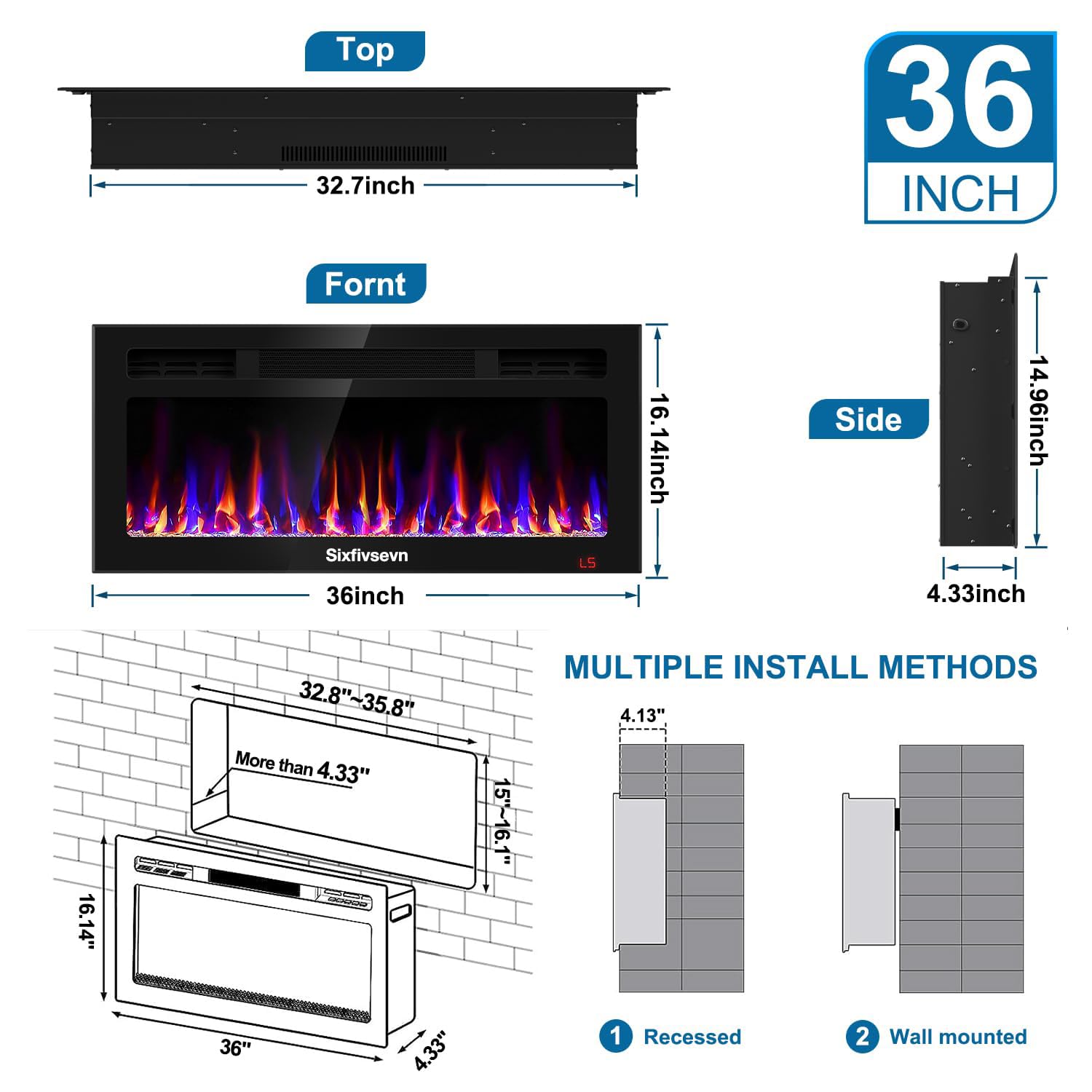 31 Inch Electric Fireplace Recessed and Wall Mounted, Fireplace Heater and Linear Fireplace, Ultra-Thin Electric Fireplace, Low Noise, with Timer, Remote Control, Adjustable 12 Flame Color, 750/1500W