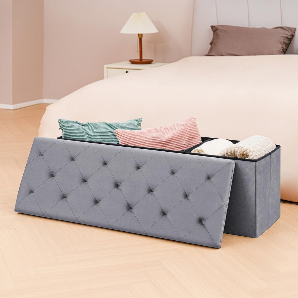 PINPLUS Folding Storage Ottoman Bench, Folding Velvet Tuffed Foot Rest Stool with Rivet, End of Bed Bench Large Long Shoes Chest for Bedroom Entryway Living Room, Beige, 41.3 Inches