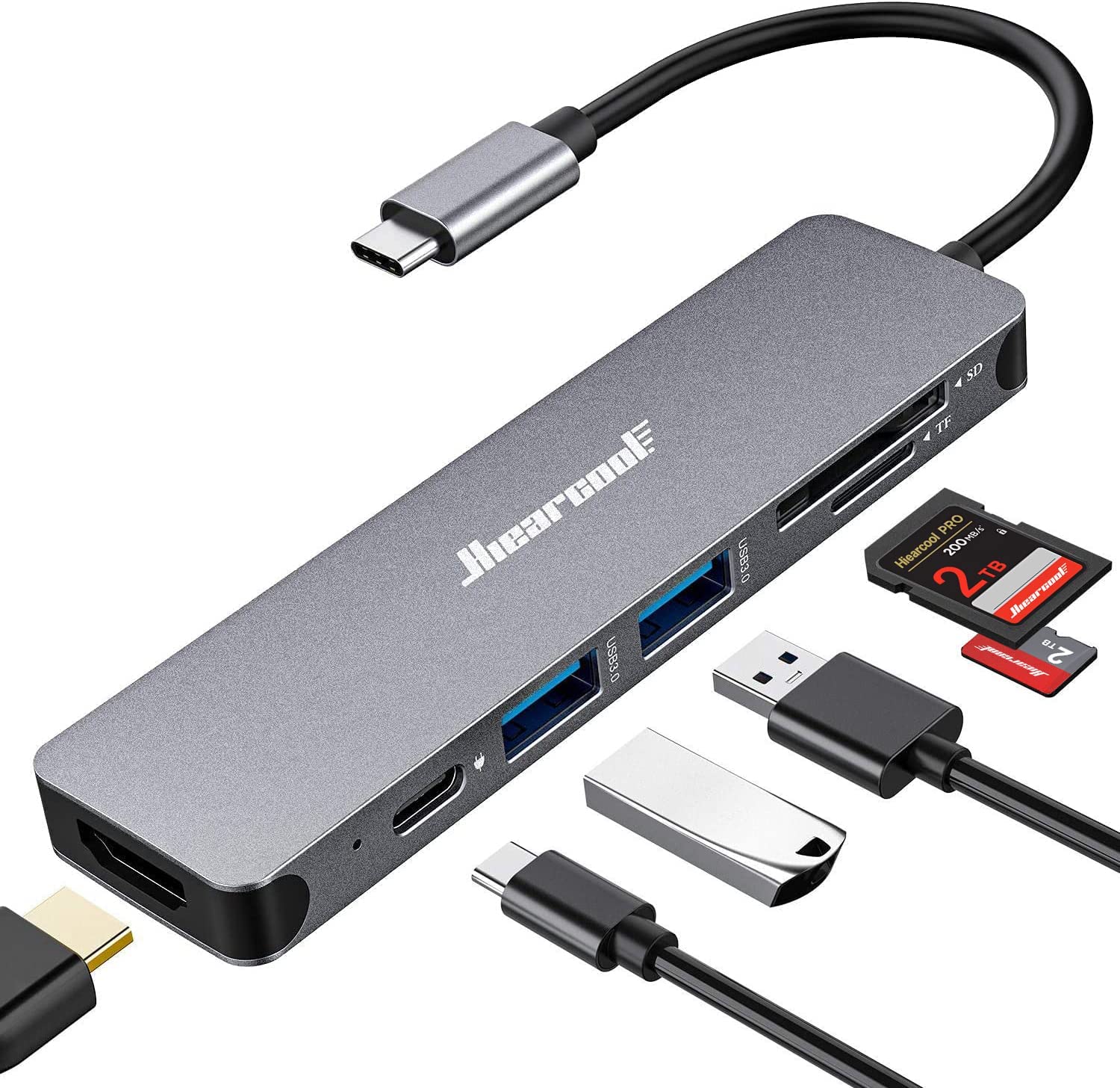 Hiearcool USB C Hub Multi-Port Adapter, 7-in-1 USB-C Dongle with 4K HDMI 100W PD SD/TF Card Reader, USBC Dock Compatible for MacBook Pro/Air Dell XPS Lenovo HP and Other Windows Laptops-Sliver White