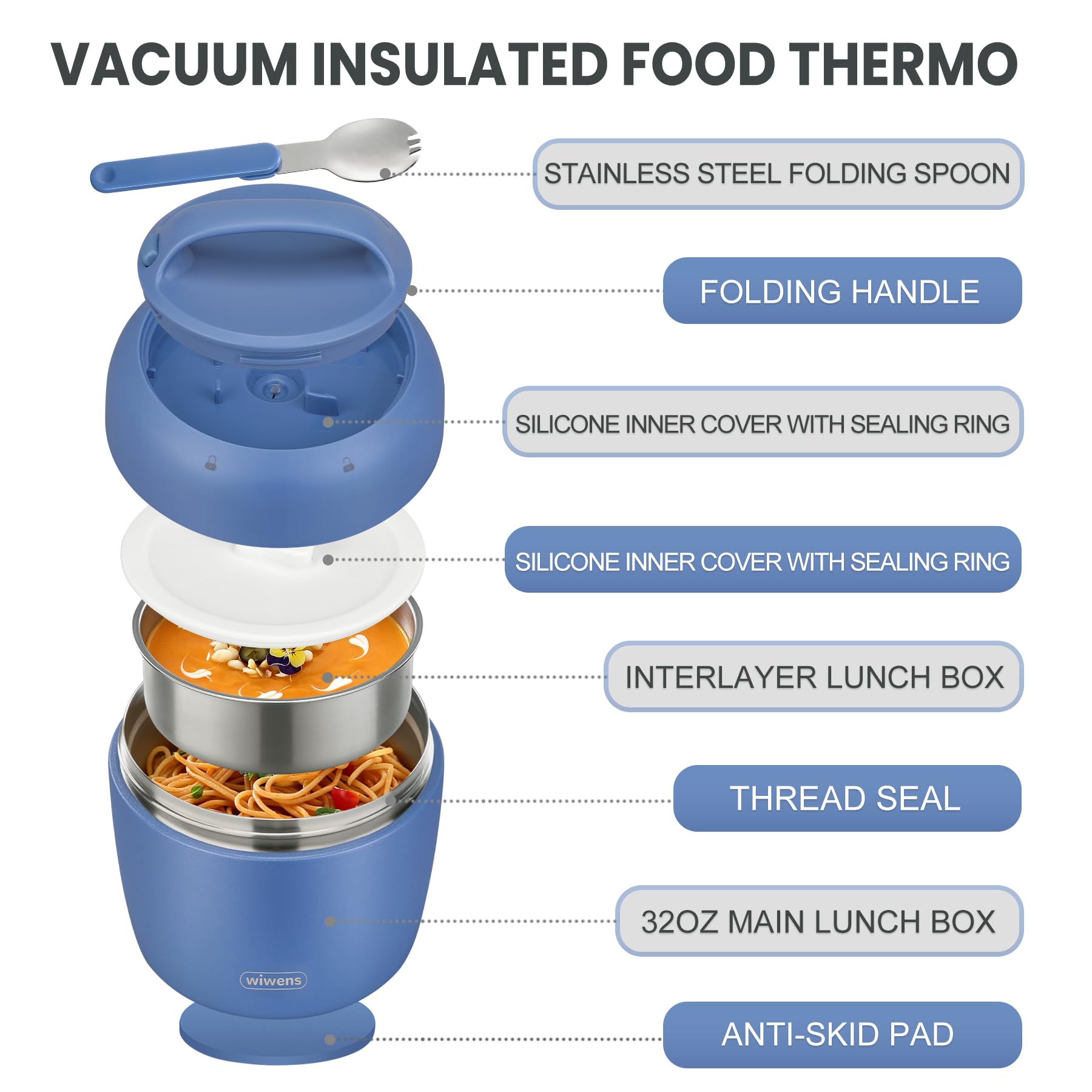 wiwens Thermo Food Jar for Hot Food Adults 32OZ Soup Thermo Lunch Containers Wide Mouth Vacuum Insulated Stainless Steel Leakproof Bento Box with Spoon (Beige)