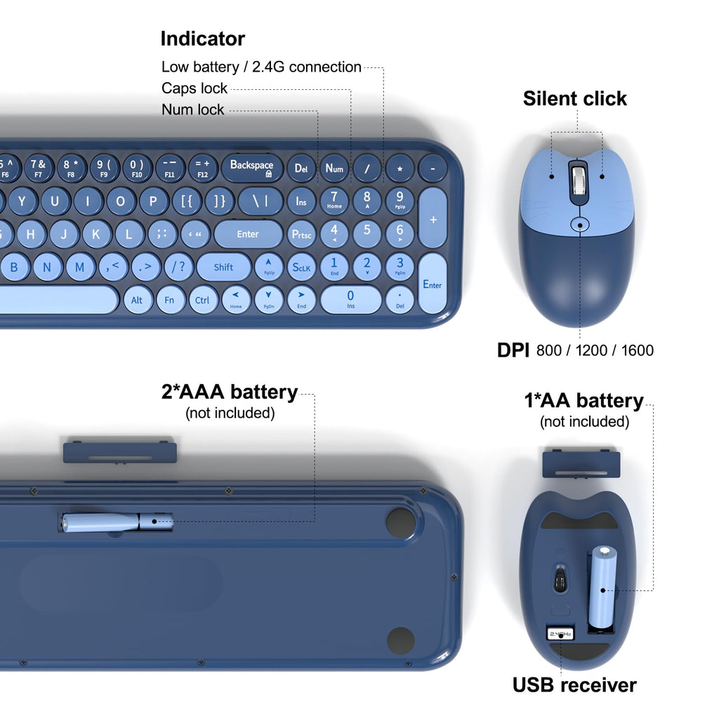 MOFII Wireless Keyboard and Mouse Combo, Compact Typewriter Retro Round Computer Keyboard and Mouse Set, Plug and Play, for Windows, Computer, Desktop, PC, Notebook - Black Green Gradient