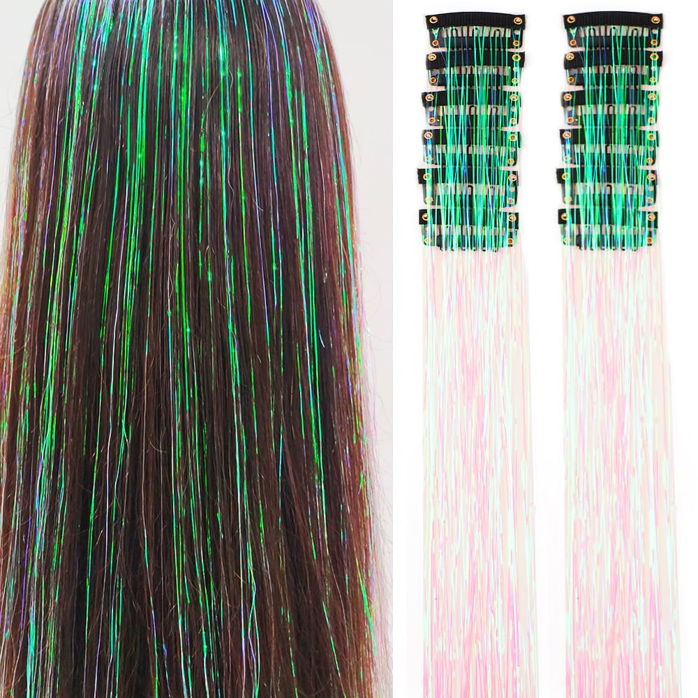 Clip in Hair Tinsel, Pack of 12 Pcs 20 Inch,Glitter Tinsel Hair Extensions, Festival Tinsel Fairy Hair Extension Party Dazzle Hair Accessories Strands Kit for Women Girls(12Pcs,Black#)