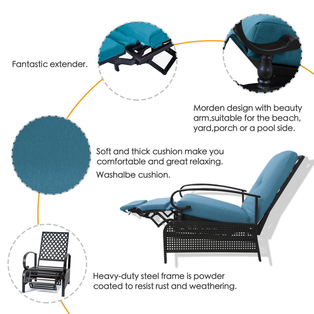 Kozyard Adjustable Outdoor Reclining Lounge Chair, Cushioned Patio Chaise Lounge with Extendable Metal Frame for Sunbathing, Reading & Relaxing – Comfortable Outdoor Recliner, Aqua