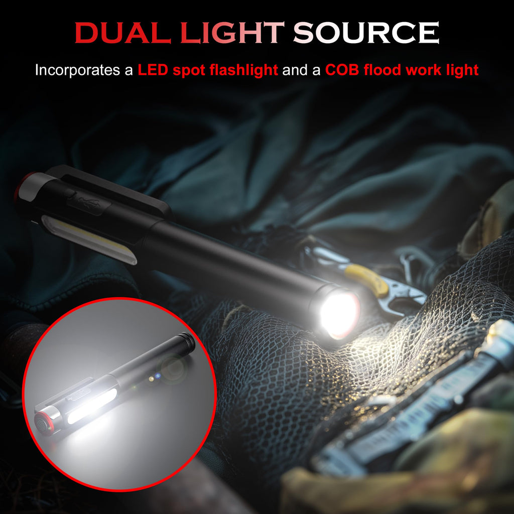 Rechargeable Pen Light, 800 Lumens LED Pen Flashlights 6 Modes COB Magnetic Flashlight with Clip Bright Pocket Flashlights Work Light Portable Waterproof Durable Penlight for Work Emergency