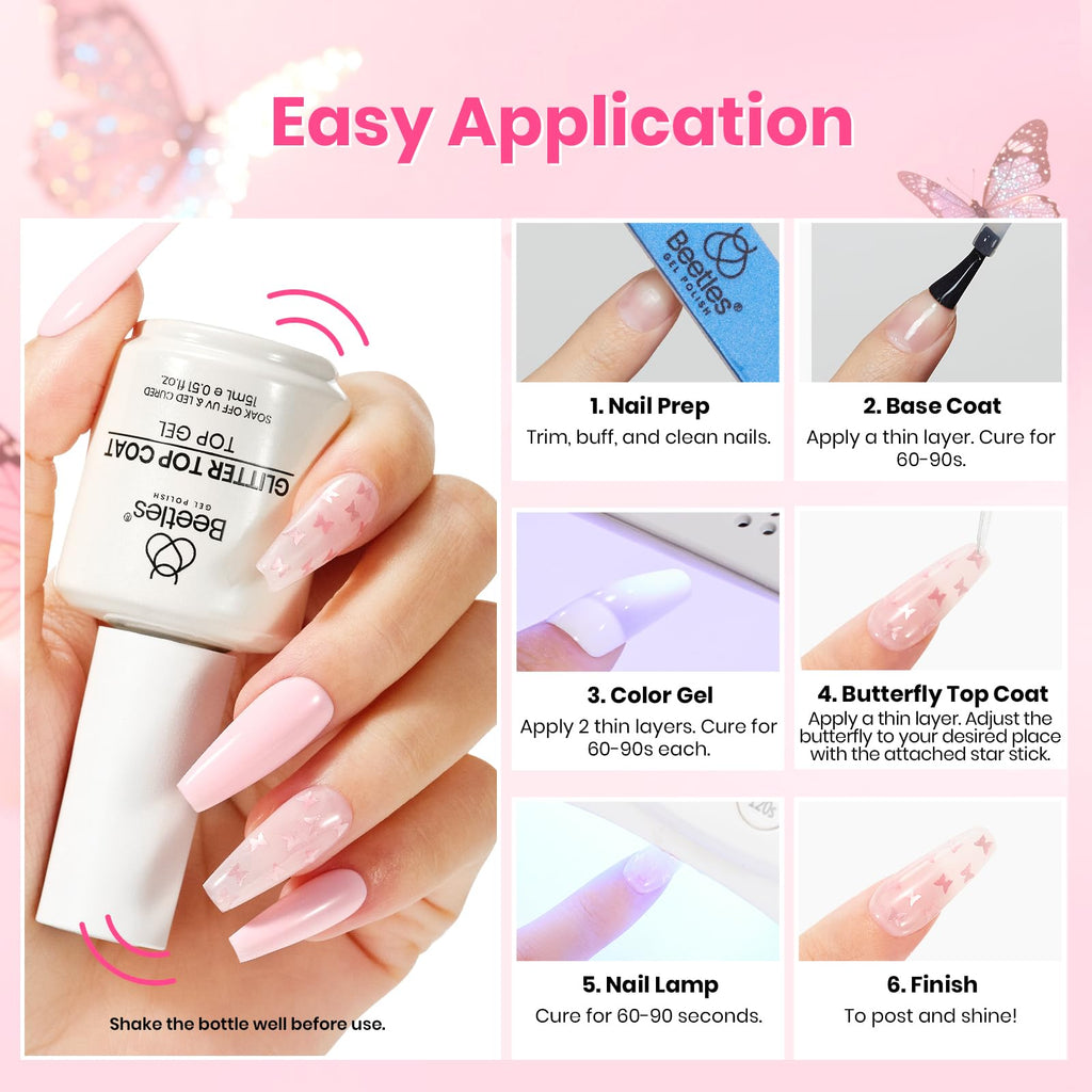 Beetles Heart Gel Top Coat 15ml - Hema Free Glitter Shine No Wipe Top Coat Long-Lasting for Gel Polish, Pink Heart Sparkle Soak Off UV LED Gift for Women