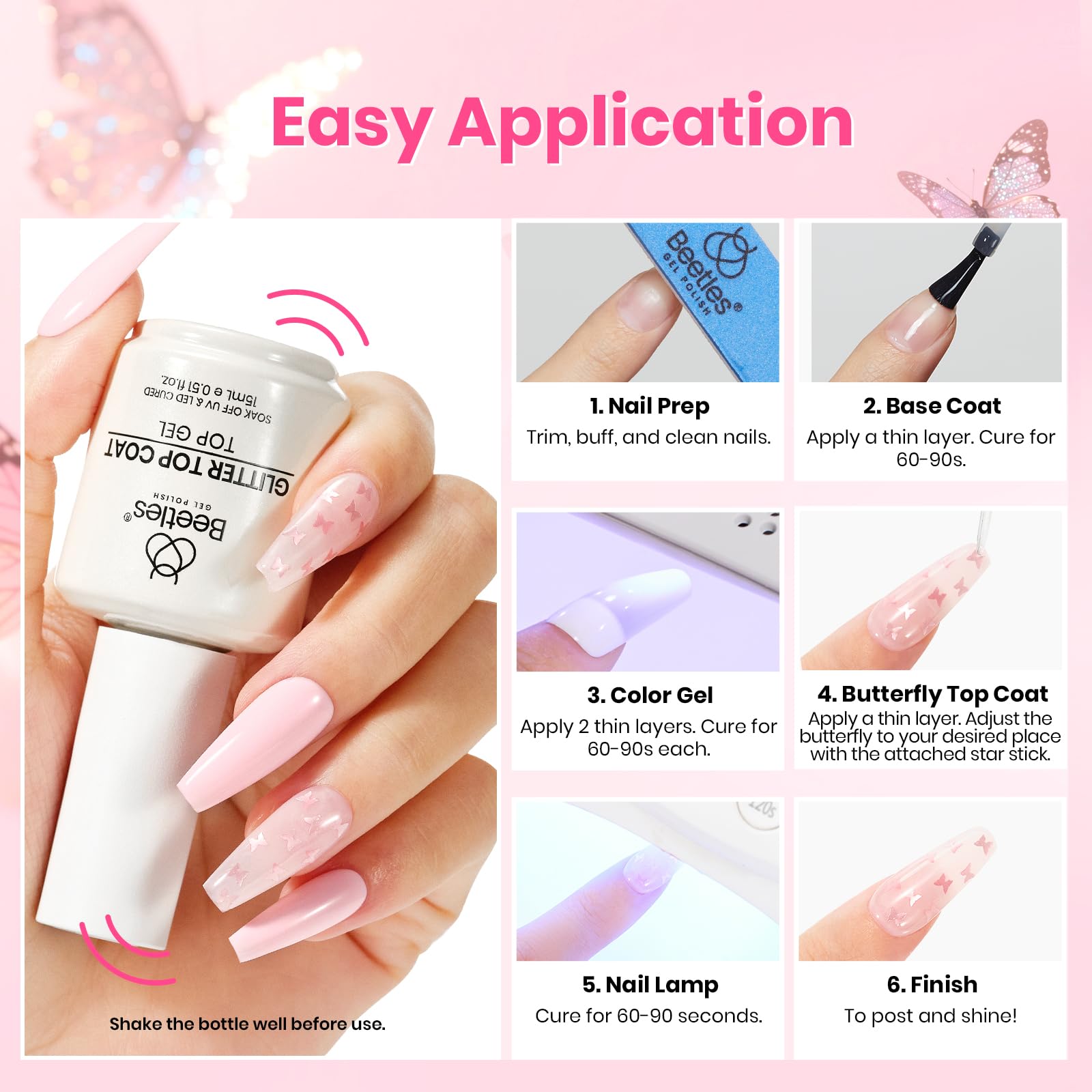 Beetles Heart Gel Top Coat 15ml - Hema Free Glitter Shine No Wipe Top Coat Long-Lasting for Gel Polish, Pink Heart Sparkle Soak Off UV LED Gift for Women