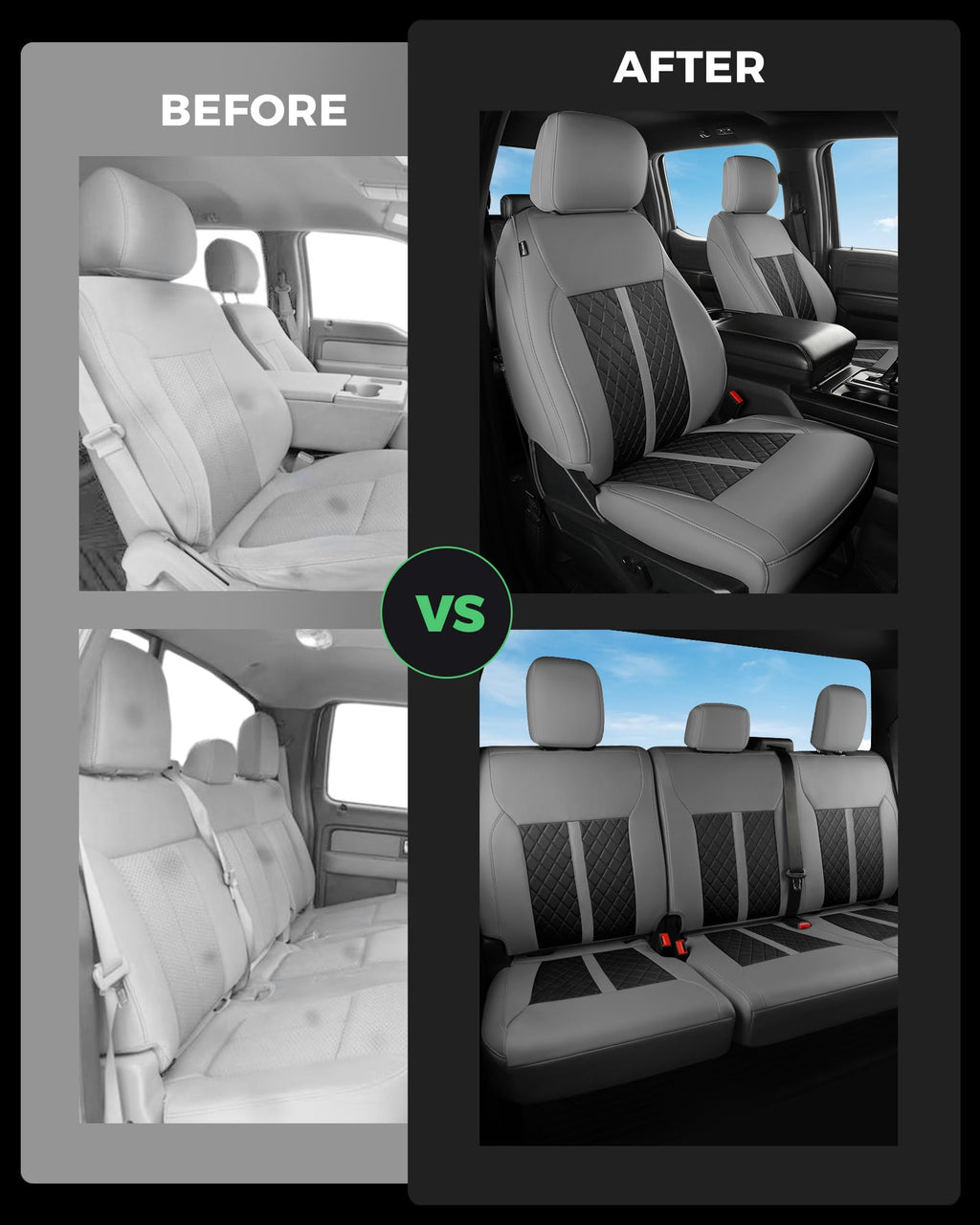 for Ford F150 Leather Seat Covers, Super Crew Cab XL XLT 2015-2020, F250 F350 F450 Super Duty Crew Cab 2017-2022,Custom Truck Seat Cover Full Set, Pickup Accessories, Black (Bucket Seat)