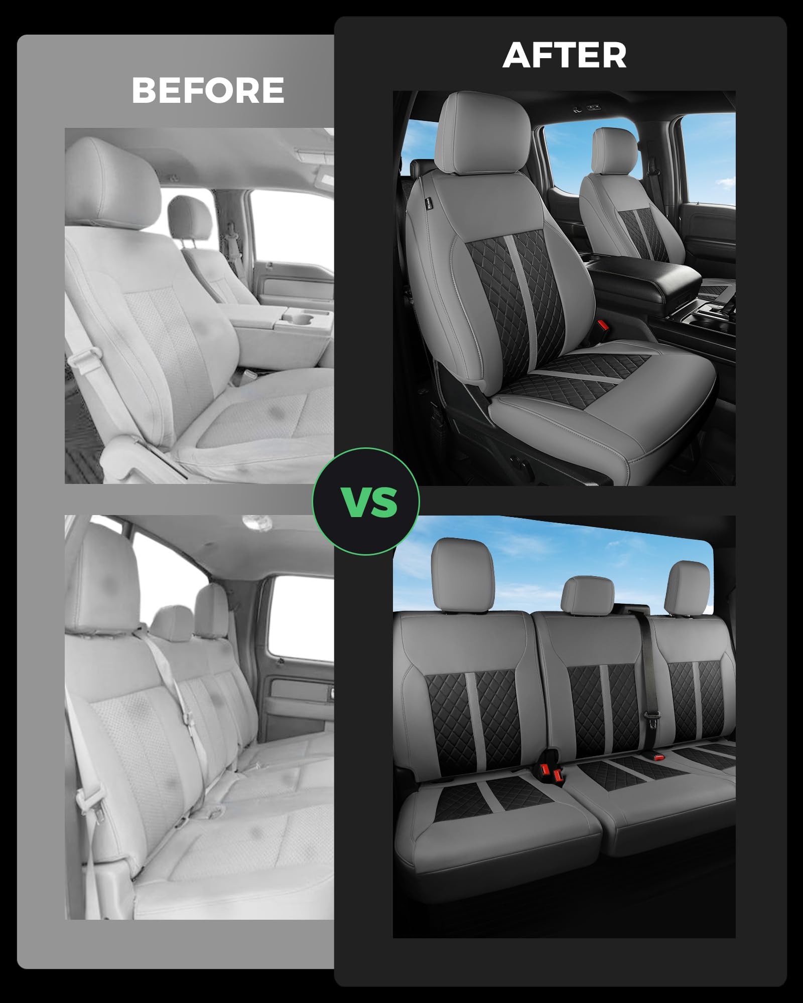 for Ford F150 Leather Seat Covers, Super Crew Cab XL XLT 2015-2020, F250 F350 F450 Super Duty Crew Cab 2017-2022,Custom Truck Seat Cover Full Set, Pickup Accessories, Black (Bucket Seat)