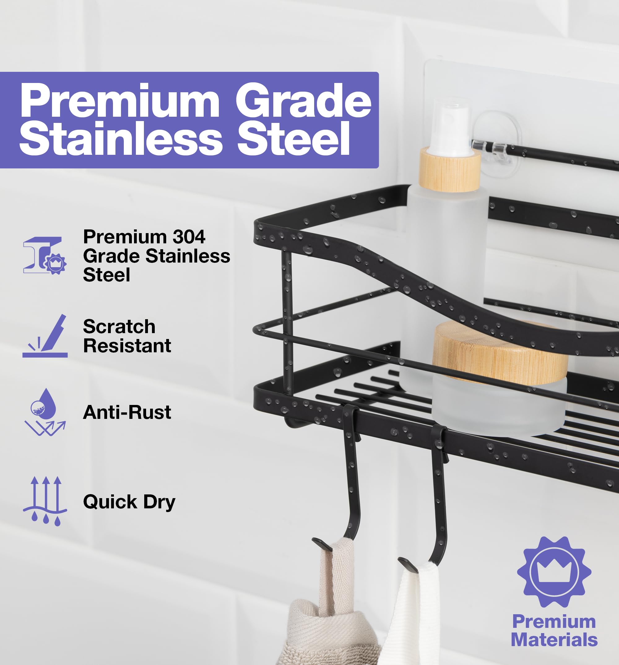 KINCMAX Premium Shower Caddy, Self Adhesive Shower Organizer w/ 4 Hooks, No Drill Shelves for Inside Shower, Rustproof Stainless Steel Shower Rack for Bathroom, Matte Black
