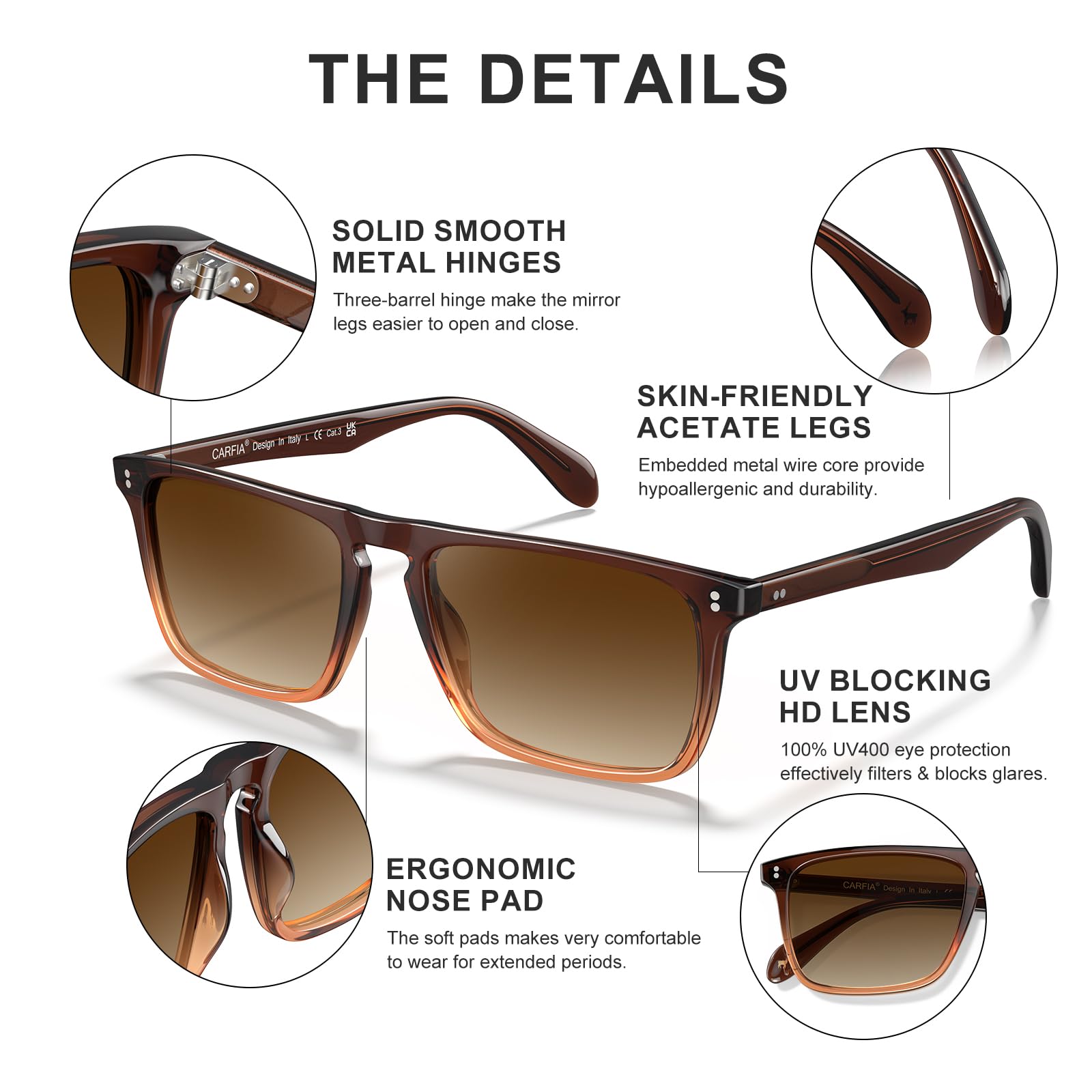 CARFIA Retro Polarized Sunglasses for Men UV Protection Hand-crafted Acetate Frame Fashion Cool Sun Glasses CA53572