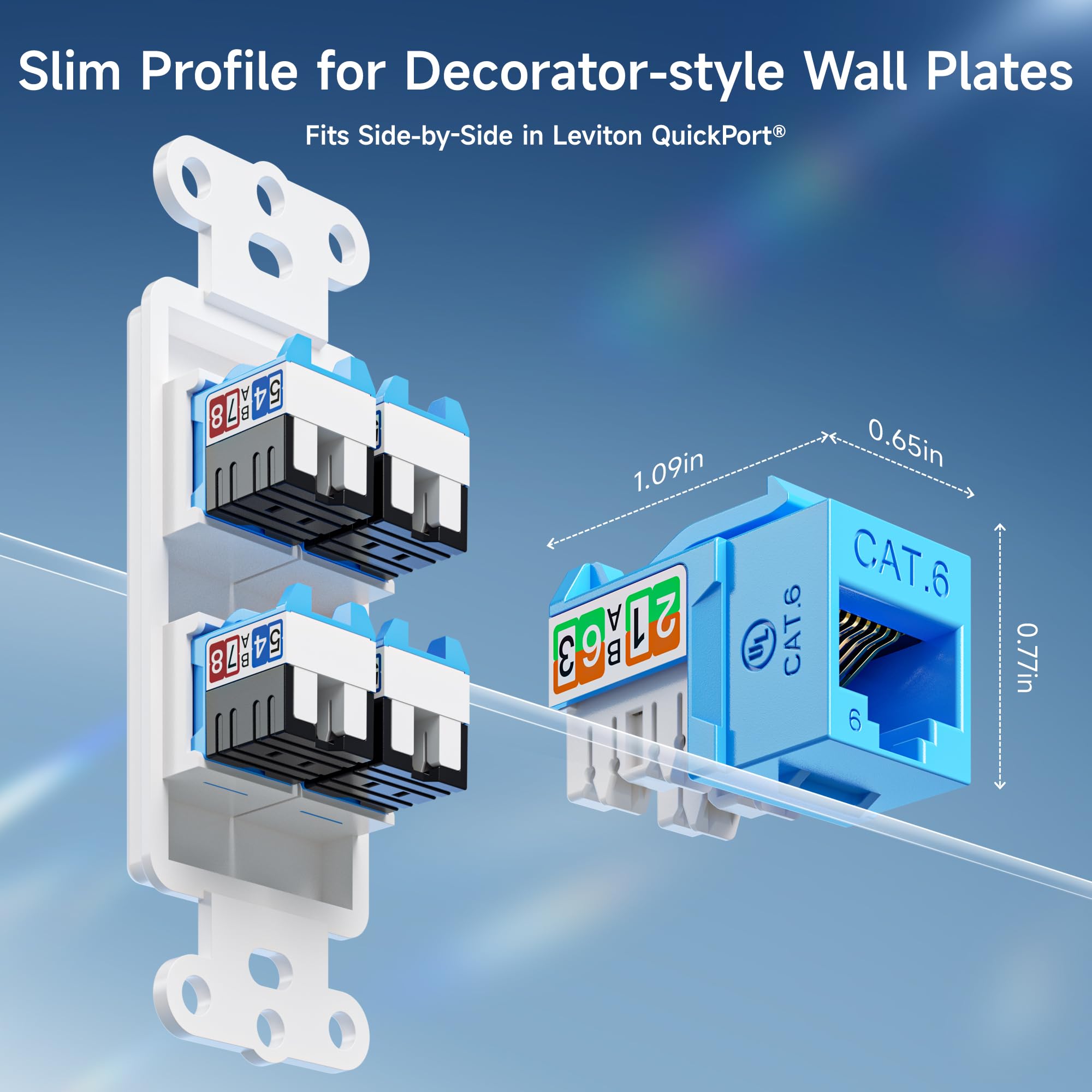 Cable Matters [UL Listed] 25-Pack 10Gbps Rapid-Install Cat6 Keystone Jacks, Slim Profile RJ45 Keystone Jack with Punch-Down Stand, Works with Leviton QuickPort Systems, Black (Model No. 180070)