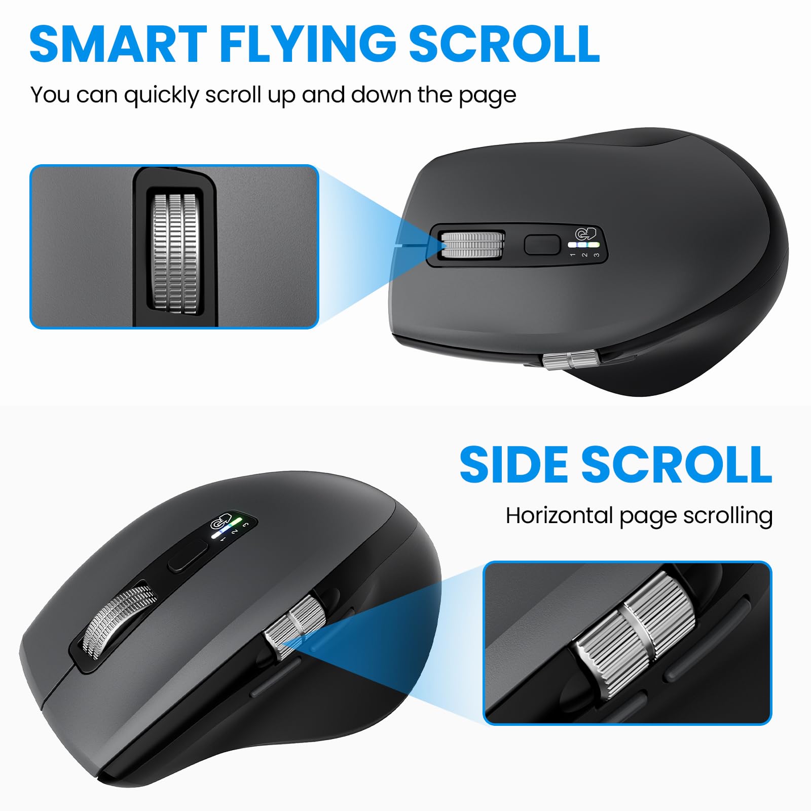 INFINMIND Wireless Bluetooth Side Scroll Mouse with Multi-Device, Ergonomic Computer Mice with Smart Flying Scroll, Quiet Click 4-Level DPI for Computer, Laptop, iPad, Tablet, MacBook (Black)