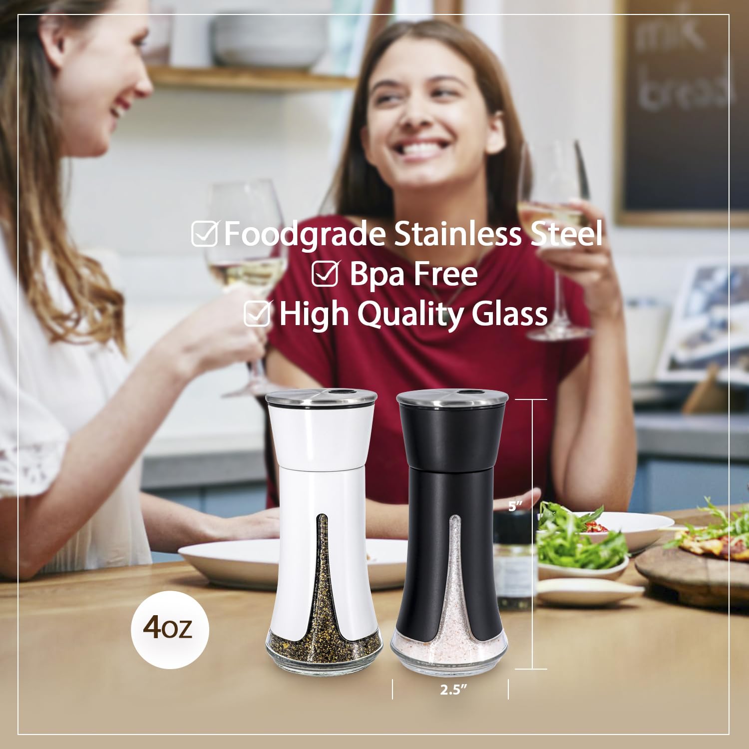 Black Salt and Pepper Shakers by Aelga, Salt Shaker with Adjustable Pour Holes, Black Kitchen Accessories, Decor for Kitchen,Restaurants,Camp,BBQ