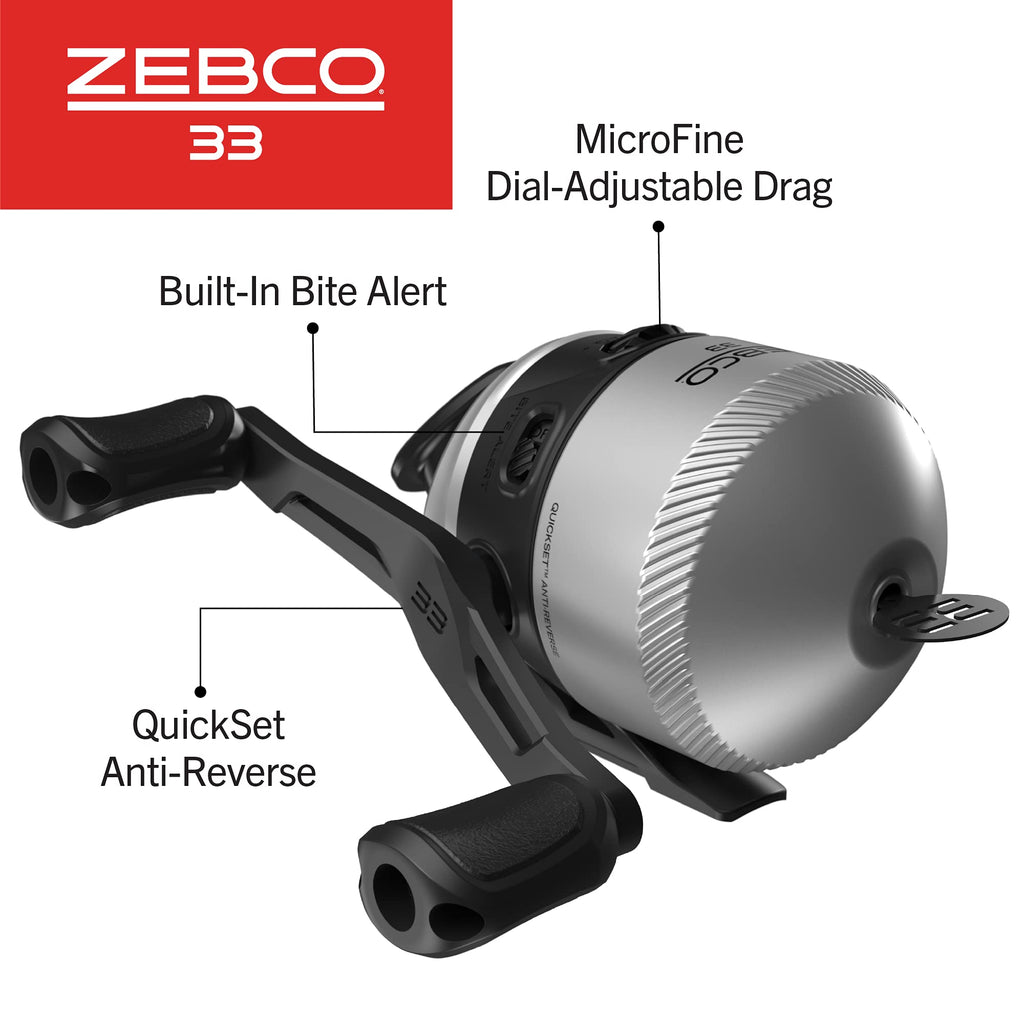 Zebco 33 Spincast Fishing Reel, Changeable Right or Left-Hand Retrieve, Built-in Bite Alert, All-Metal Gears, Pre-Spooled with Zebco Cajun Line