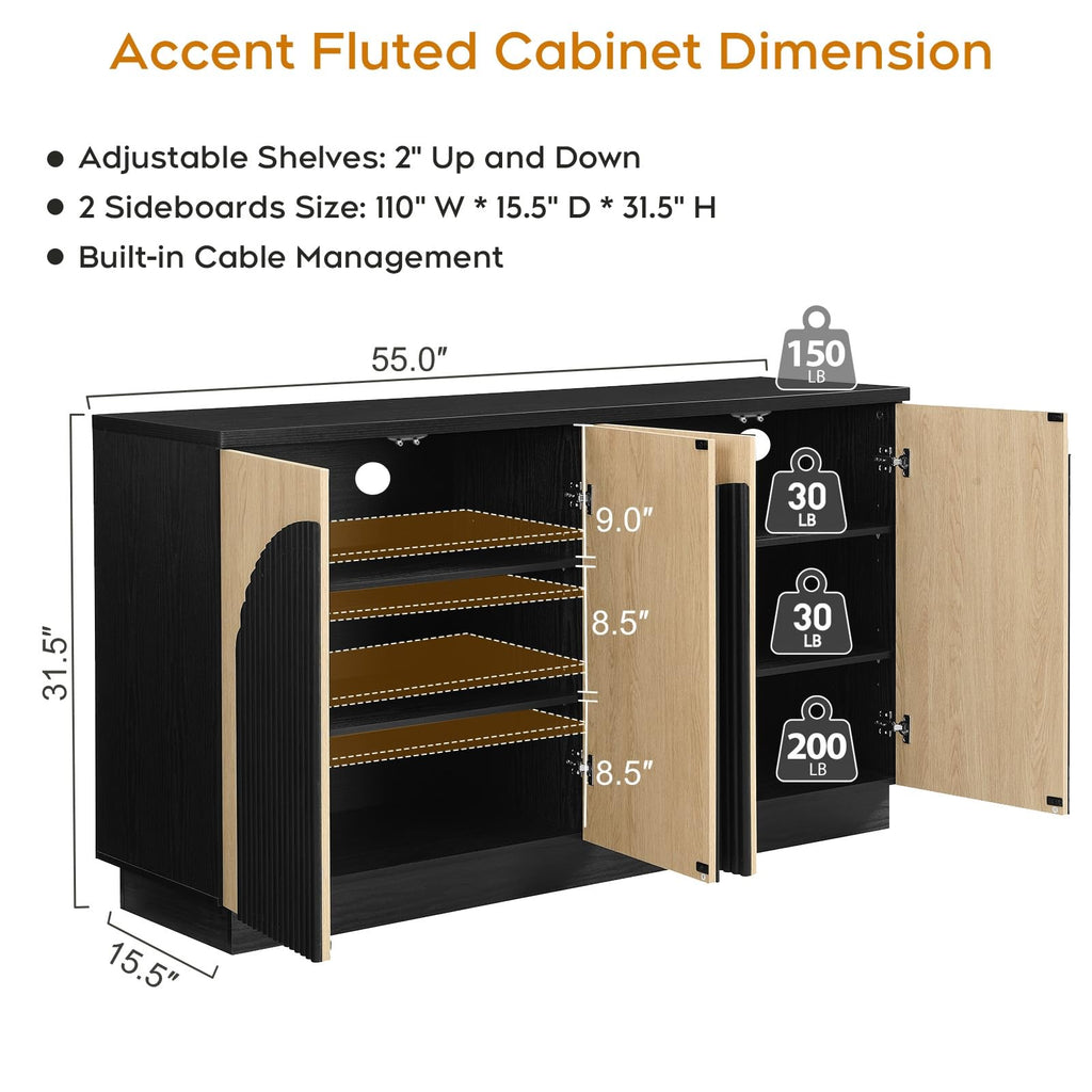 Yechen 55" Fluted Sideboard Buffet Cabinet with Storage, Wood Mid Century Modern Credenza Cabinet w/Arched Reeded Doors & Adjustable Shelves for Kitchen, Living Room, Entryway
