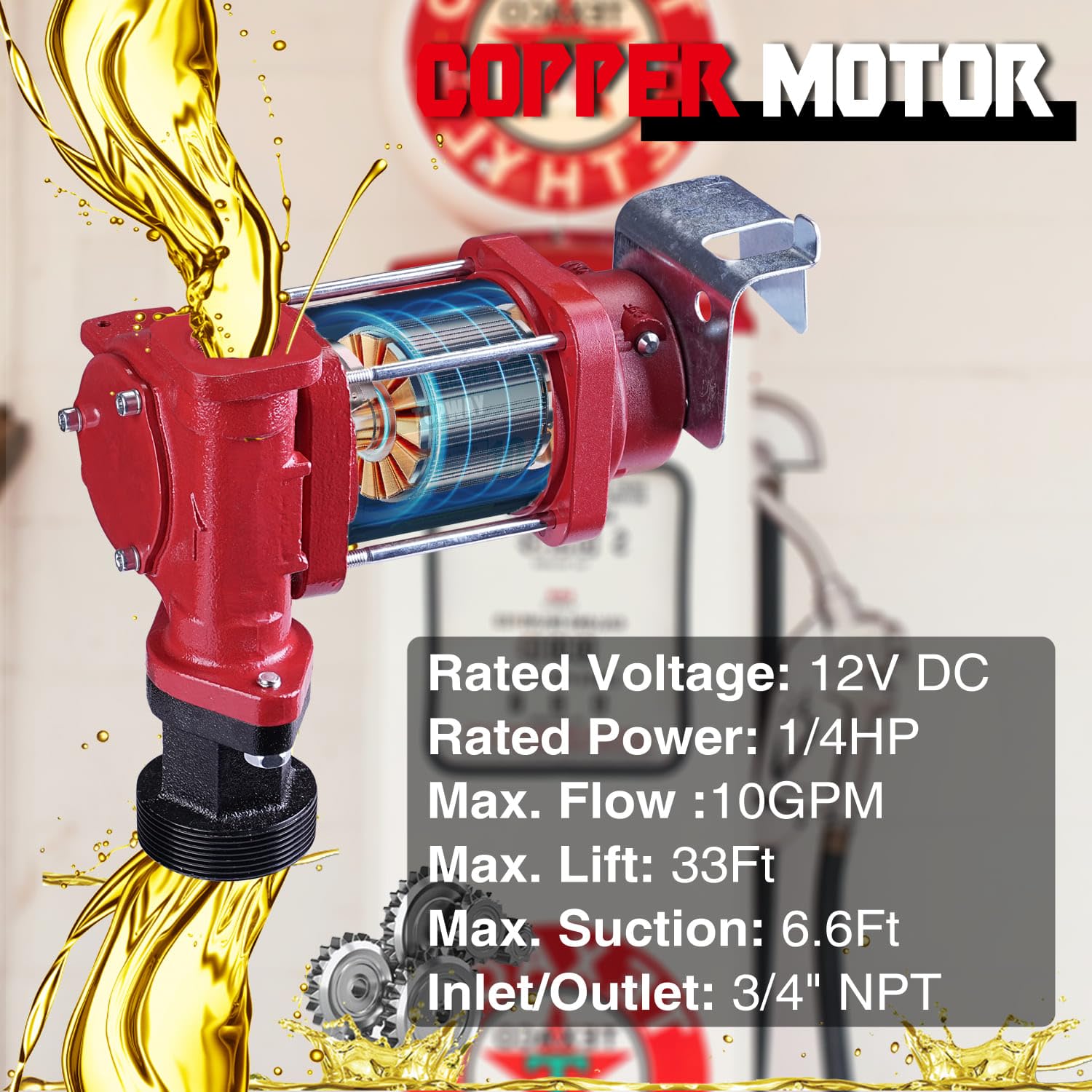 TOPWAY 12V DC Gasoline Fuel Pump 3.7GPM Self-priming Oil Transfer Pump With Handle, Reversible Pumping, Overheat Protection, Explosion-Proof, Built-in Bypass, for Gasoline Fuel Diesel Kerosene Removal