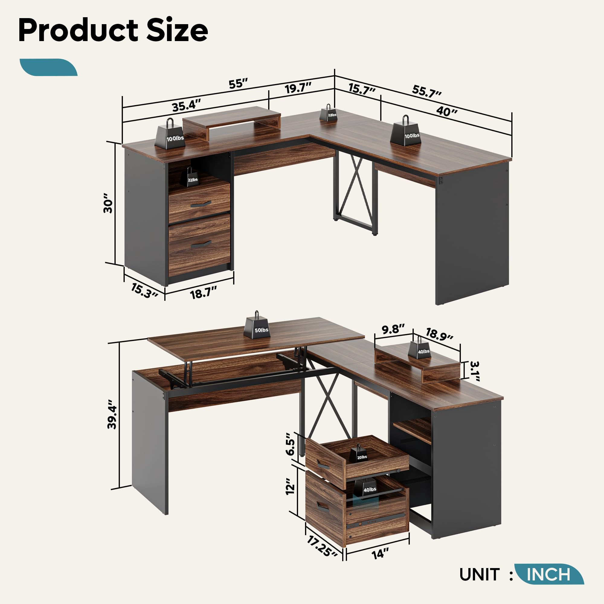 Bestier L Shaped Standing Desk with Lift Top, 55"x55" Standing Corner Desk for Home Office, Computer Desk with Reversible File Drawer and Monitor Stand, Grey Wash