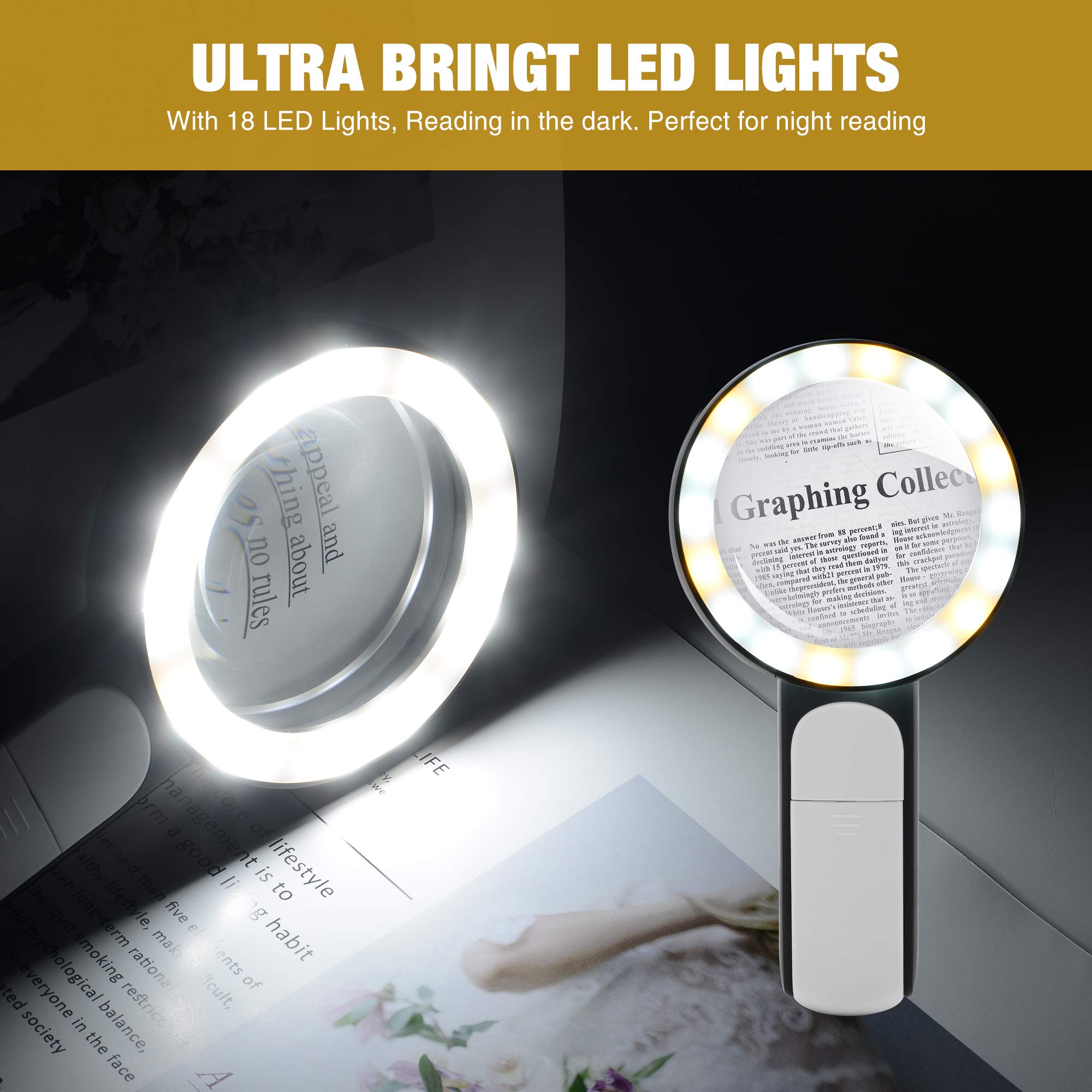 JMH Magnifying Glass with Light, Handheld Large Magnifying Glass 18LED Cold and Warm Light with 3 Modes, Illuminated Lighted Magnifier for Seniors Reading, Coins, Jewelry