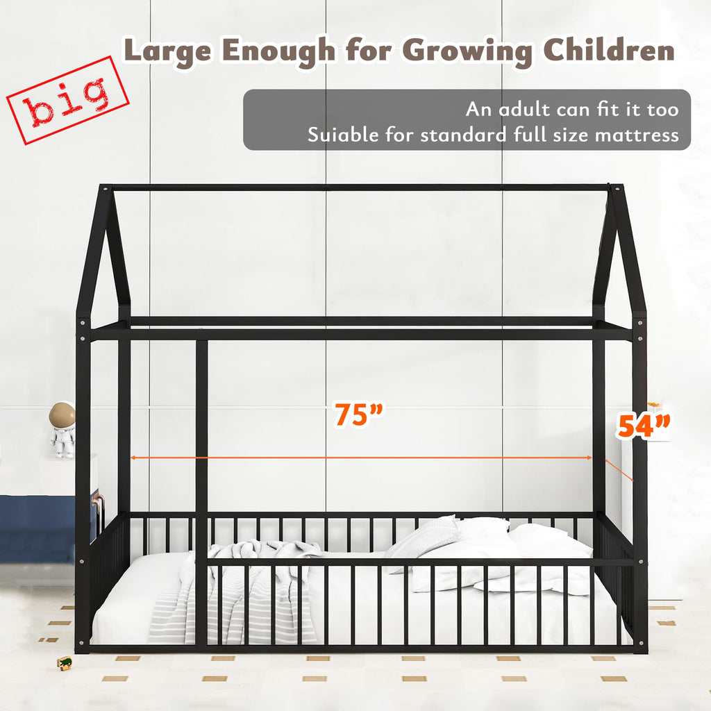 Bellemave Twin Size Montessori Floor Bed, Metal House Bed Framefor Kids, Montessori Floor Beds with Fence, Playhouse for Kids,Black