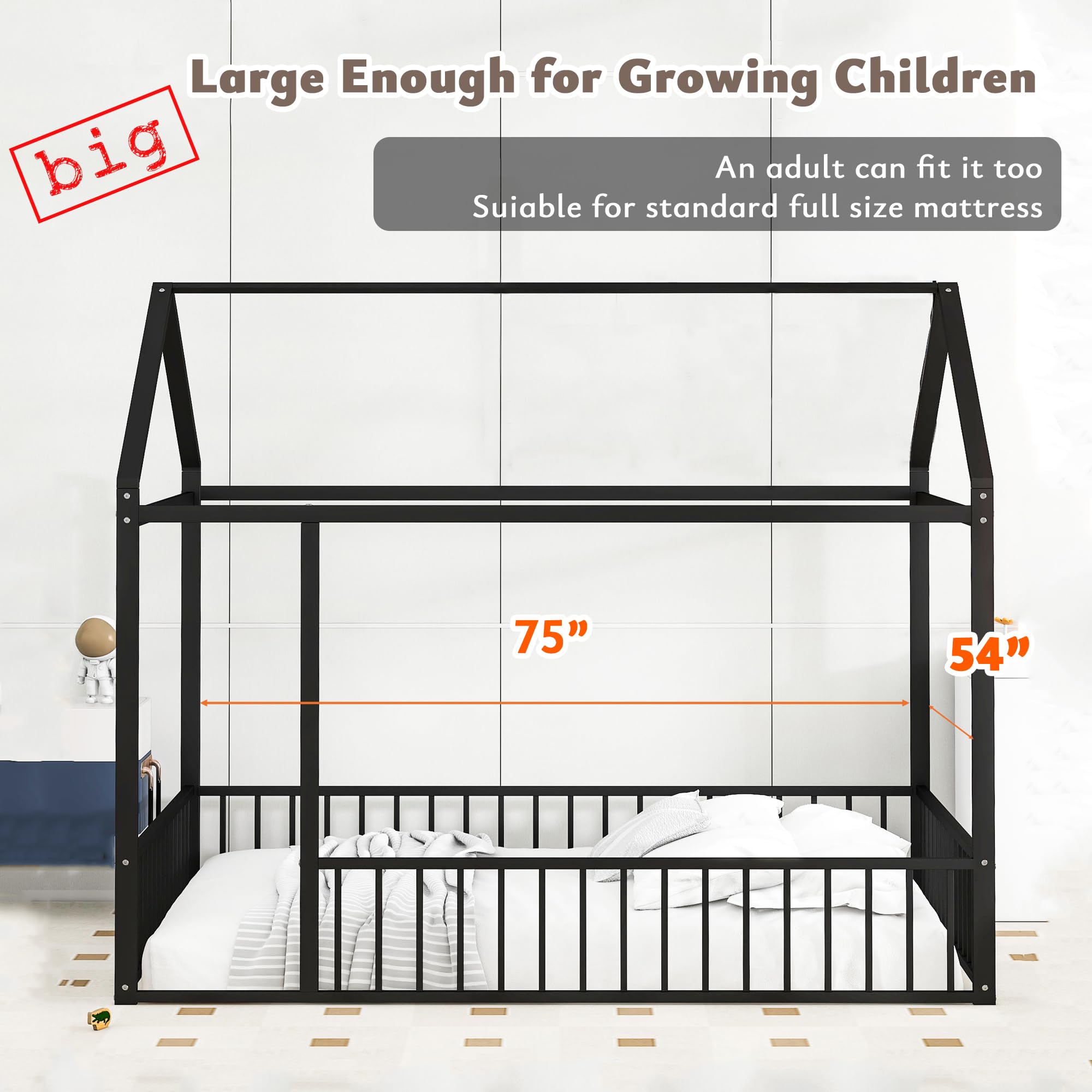 Bellemave Twin Size Montessori Floor Bed, Metal House Bed Framefor Kids, Montessori Floor Beds with Fence, Playhouse for Kids,Black