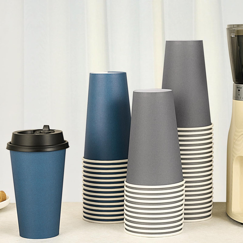 LITOPAK 100 Pack 10 oz Disposable Paper Coffee Cups with Lids for Coffee, Water, Juice, or Tea, Blue and Gray Hot Paper Cups for Home, Restaurant, Store, and Cafe