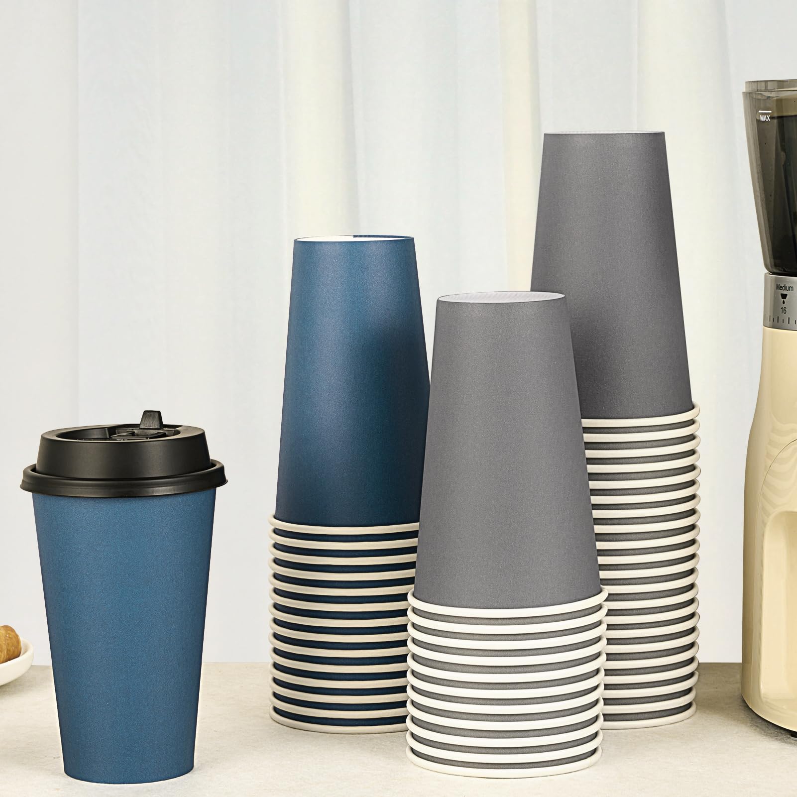 LITOPAK 100 Pack 10 oz Disposable Paper Coffee Cups with Lids for Coffee, Water, Juice, or Tea, Blue and Gray Hot Paper Cups for Home, Restaurant, Store, and Cafe