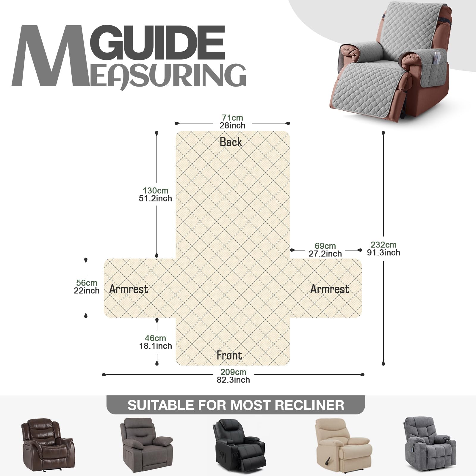 KinCam 100% Waterproof Recliner Chair Cover, Reclining Couch Covers for Pets, Dogs, Recliner Couch Slipcover Furniture Protector with Elastic Straps for Kids(23.6", Beige White)