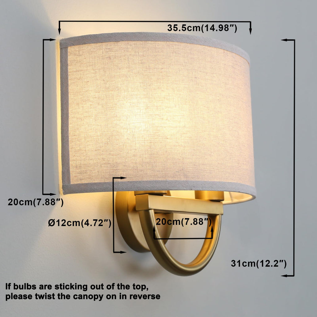 Yosoan White Fabric Cloth Boho Aged Brass Gold Wall Sconce Stairwell Fixture Light, 2-Light Dual Indoor Hardwired Vanity Vintage Wall Mount Lamp Antique Metal Base Semicircle Shade Lamp for Hallway