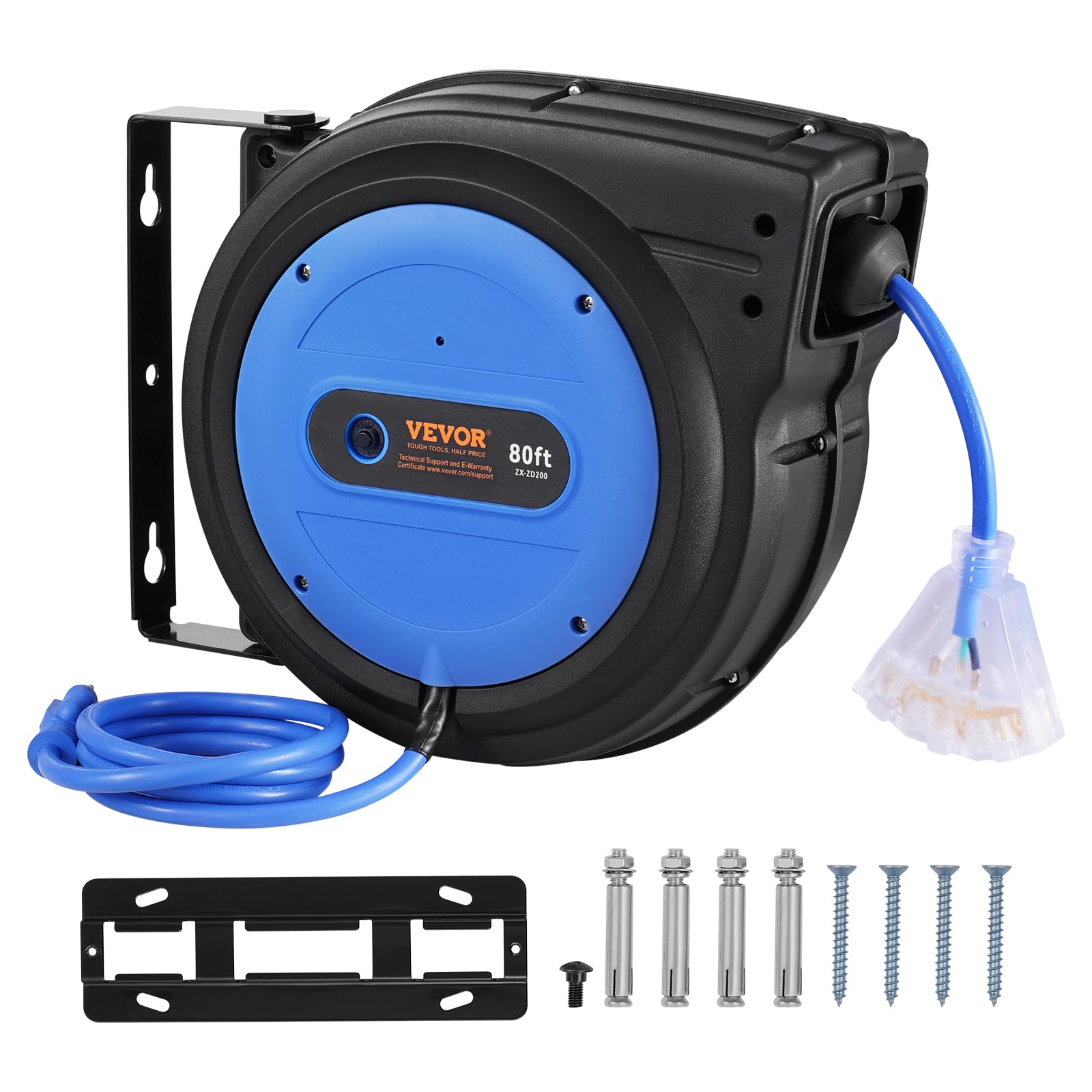 VEVOR Retractable Extension Cord Reel, 30 FT, Heavy Duty 16AWG/3C SJTOW Retractable Power Cord Reel with Lighted Triple Tap Outlet 10 Amp Circuit Breaker 4.5FT Lead-in Cord, for Ceiling or Wall Mount