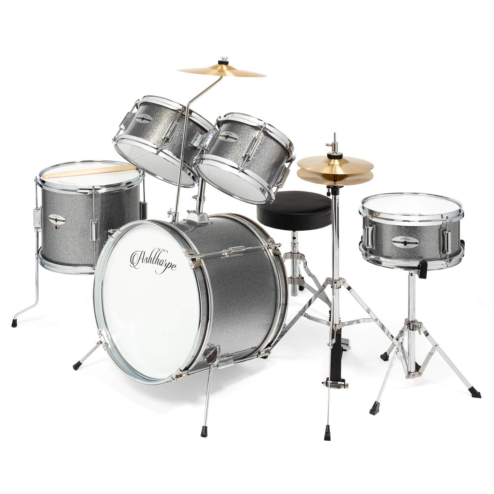 Ashthorpe 5-Piece Complete Kids Drum Set with Genuine Brass Cymbals - Junior Beginner Kit with 16" Bass, Throne, Hi-Hats, Pedals & Drumsticks - Black