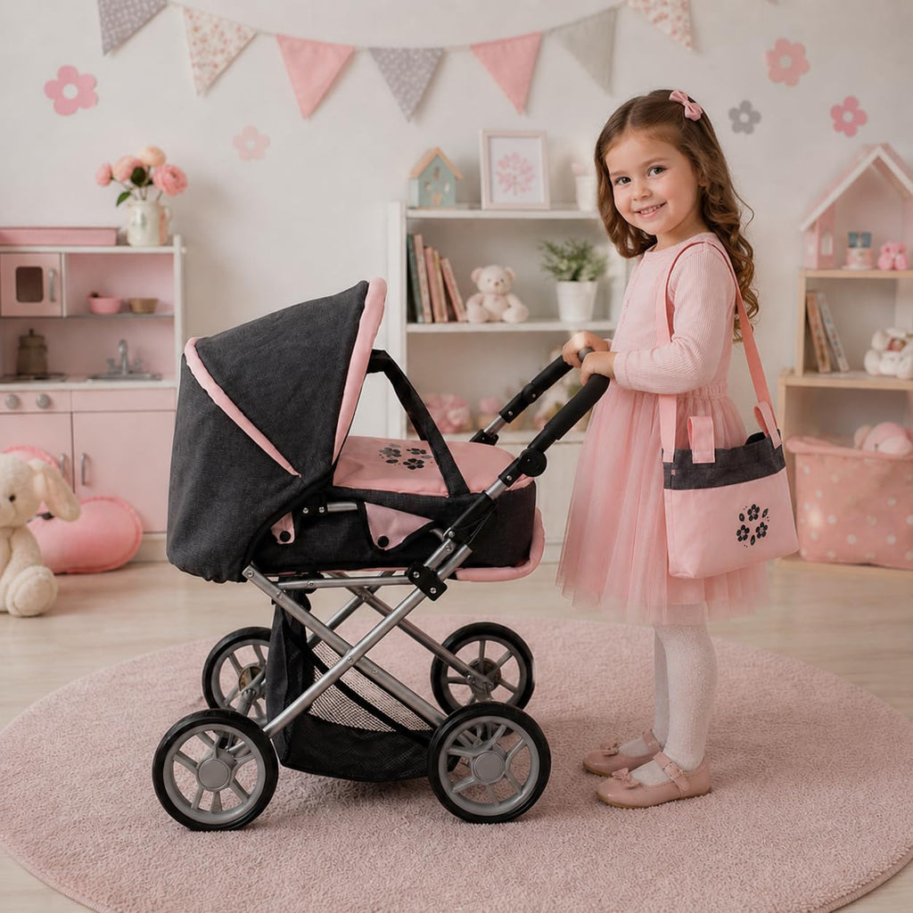 Baby Doll Convertible Pram Stroller with Removable Travel Bassinet Carrier for Kids Adjustable Handle Buggy Carriage with Canopy and Storage Basket 25 Inch Pink, Black