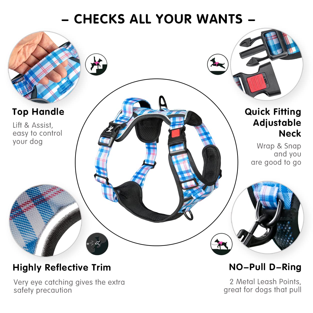 PoyPet Dog Harness No Pull, Reflective Vest Harness with Front & Back 2 Clips and Easy Control Handle for Small Medium Large Dog (XS, Black)