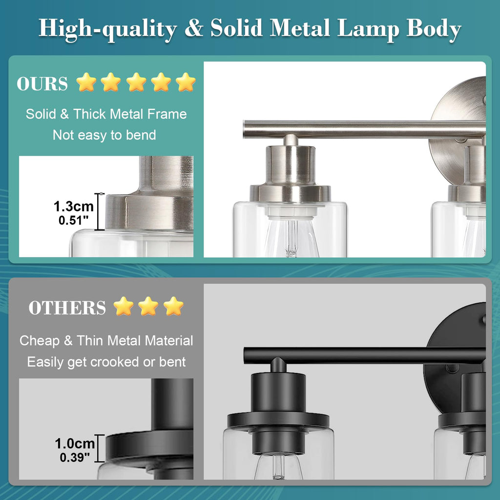 Unicozin 2 Pack Modern Bathroom Light Fixtures, 3 Light Vanity Lights, Black Wall Lamp with Clear Glass for Bathroom, Mirror, Living Room, Bedroom, Hallway, E26 Base