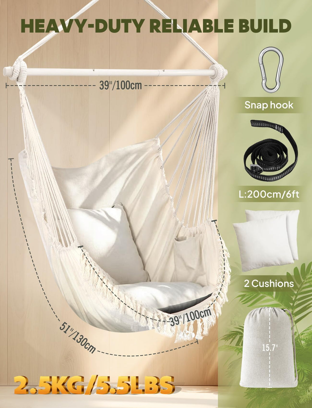 Chihee Hammock Chair Hanging Swing Max 500 Lbs 2 Cushions Included Metal Spreader Bar with Anti-Slip Grooves Portable Hanging Chair Side Pocket Large Macrame Bohemian Chair Indoor Outdoor | Hanging Swing with Anti-Slip Grooves Portable Hanging Chair Side