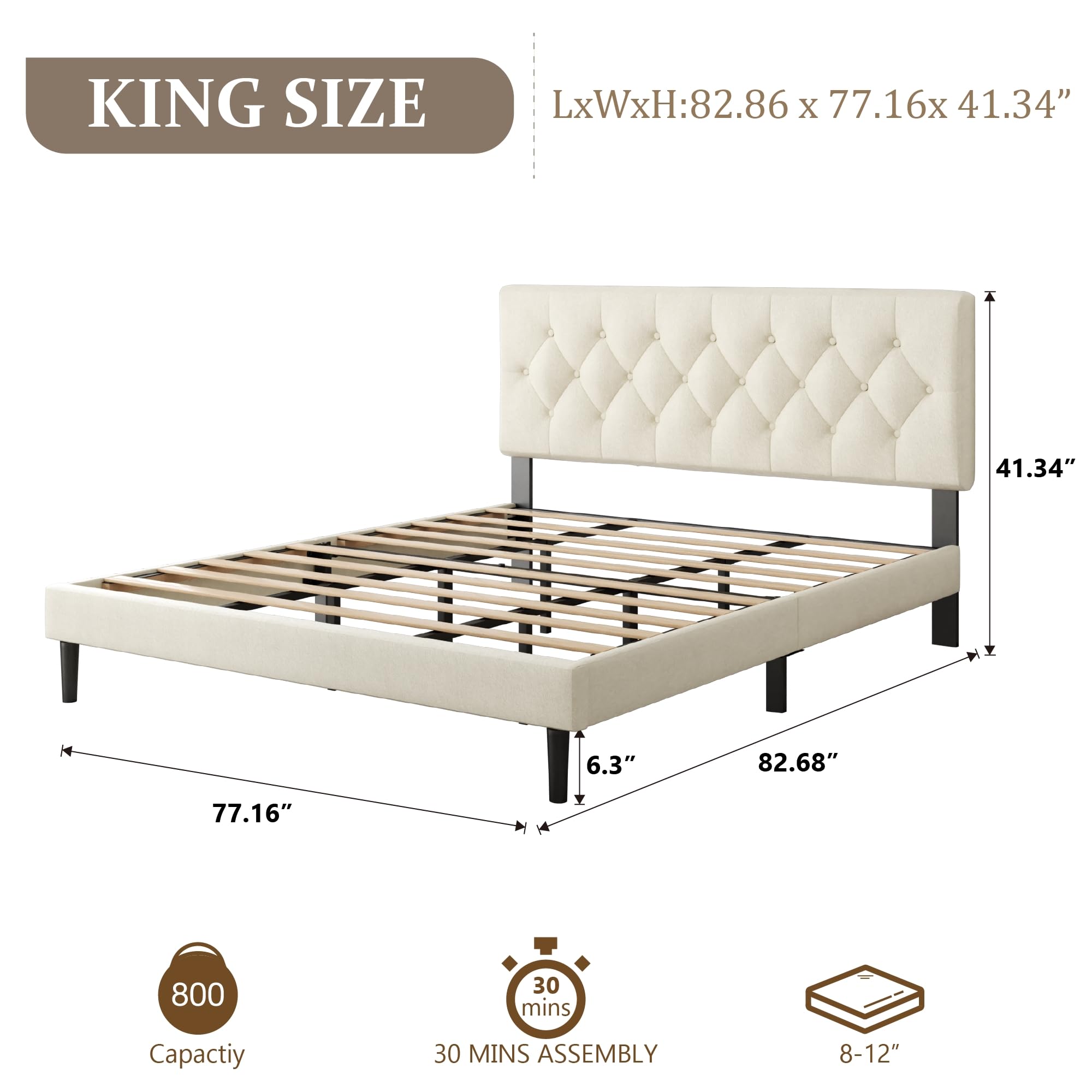 CXVX Full Size Platform Bed Frame with Upholstered Headboard, Button Tufted Design, Strong Wooden Slats, No Box Spring Needed, Easy Assembly, Noise Free