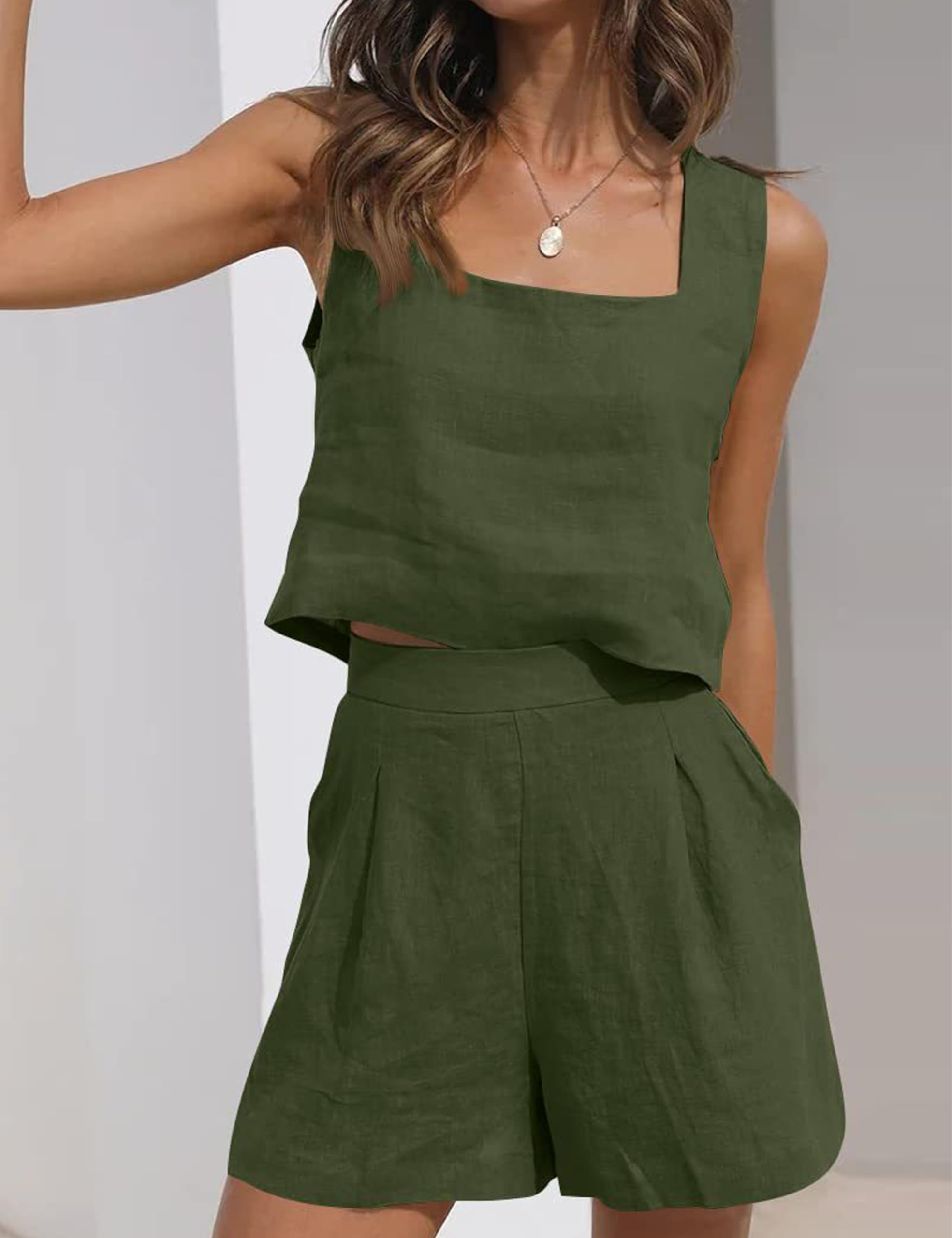 Womens Linen 2 Piece Outfits Lounge Sets sleeveless Tank Tops and High Waist Shorts Summer Vacation Set