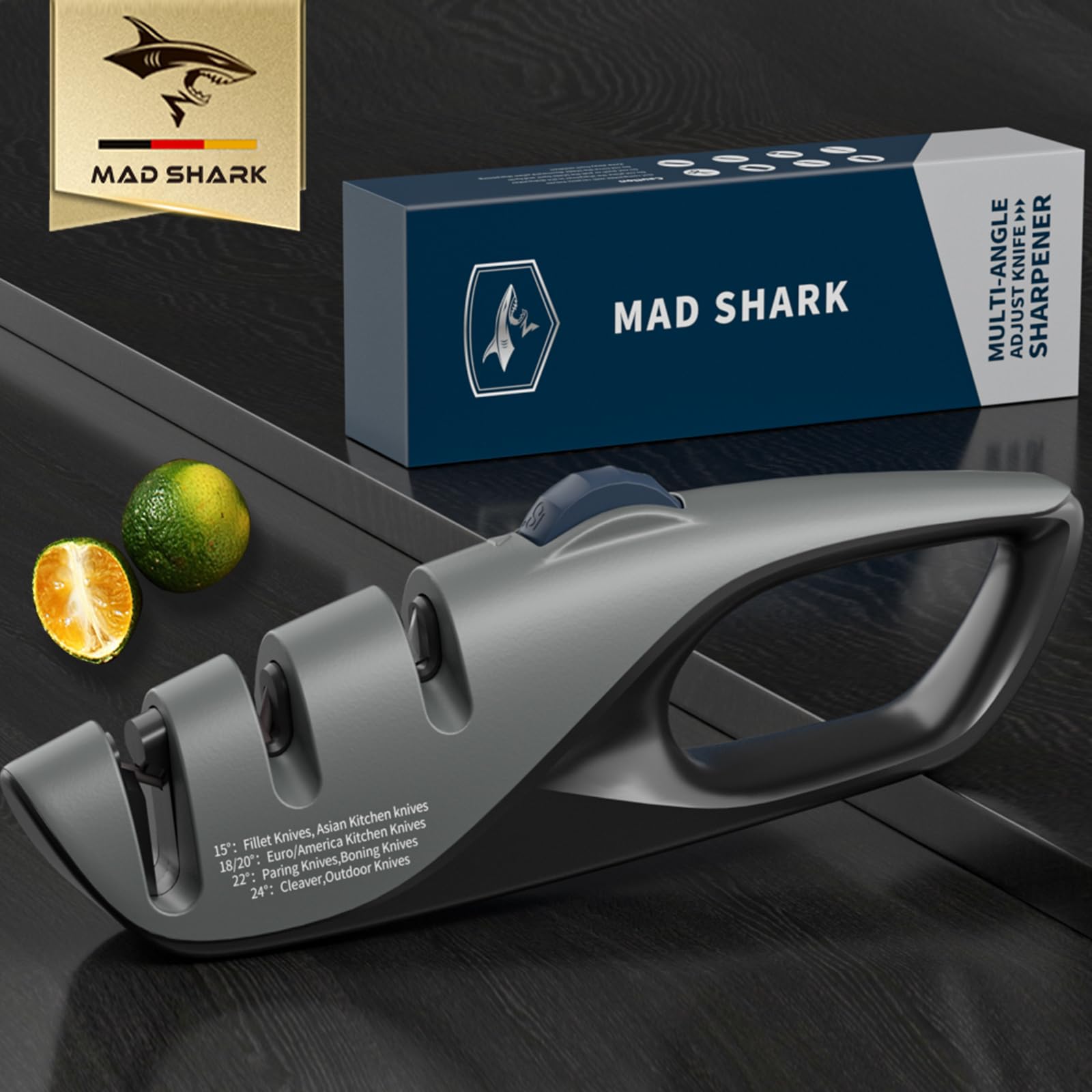 MAD SHARK 1-Button 3-Stage Knife Sharpener - Adjustable Diamond & Ceramic, No-Scratch ABS Body for All Kitchen/Pocket Knives,Repairs, Sharpens & Polishes,One-Handed Operation with Non-Slip Base