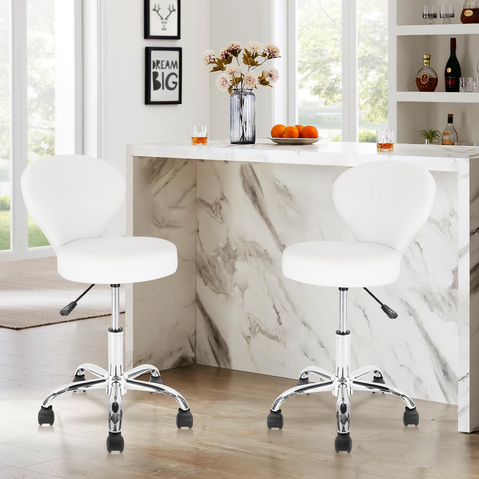 KLASIKA Leather Rolling Swivel Salon Stool Chair with Back Support Adjustable Hydraulic Seat Height 22 in for Office Massage Facial Spa Medical Drafting Tattoo Beauty Barber