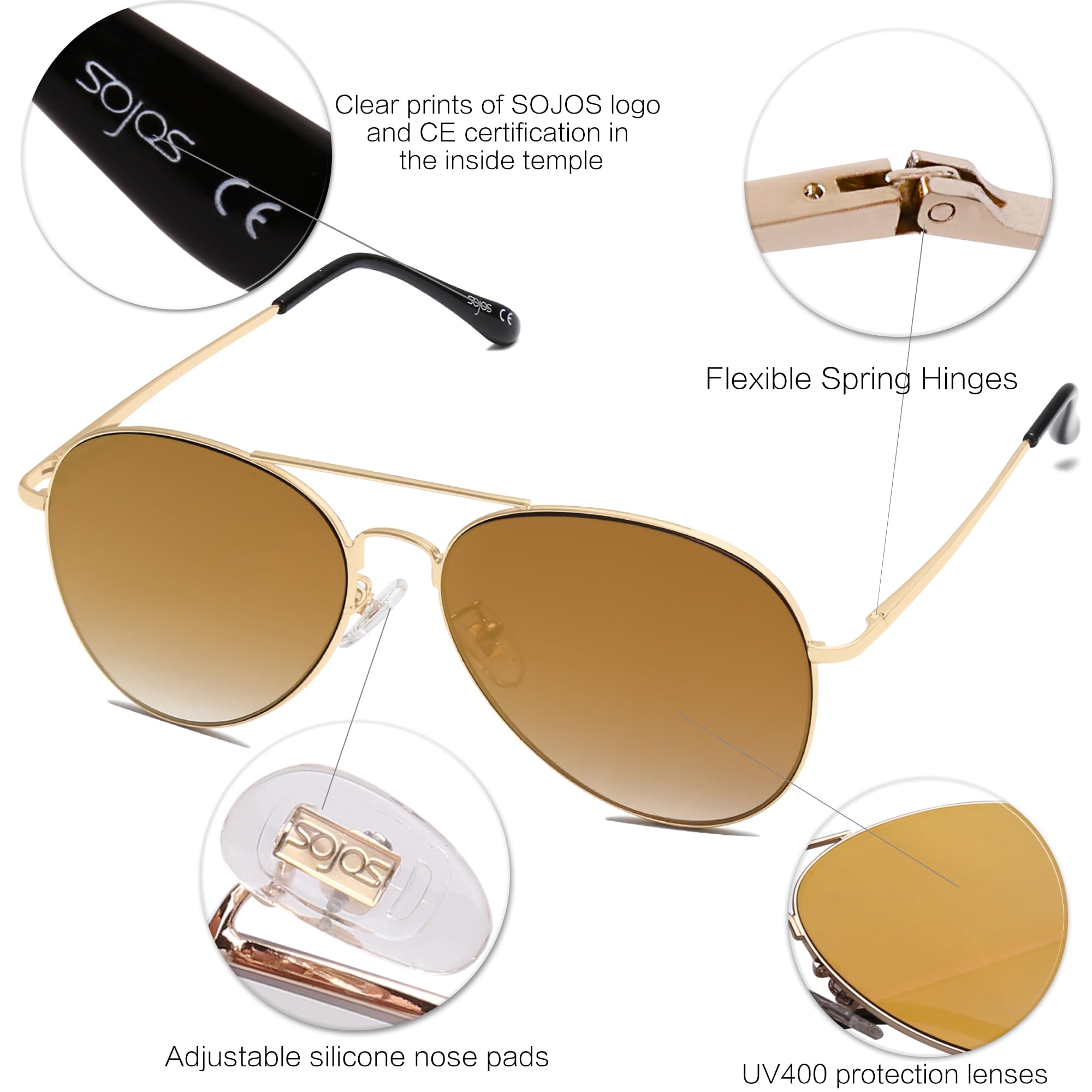 SOJOS Classic Aviator Sunglasses for Women Men Metal Frame Spring Hinges SJ1030